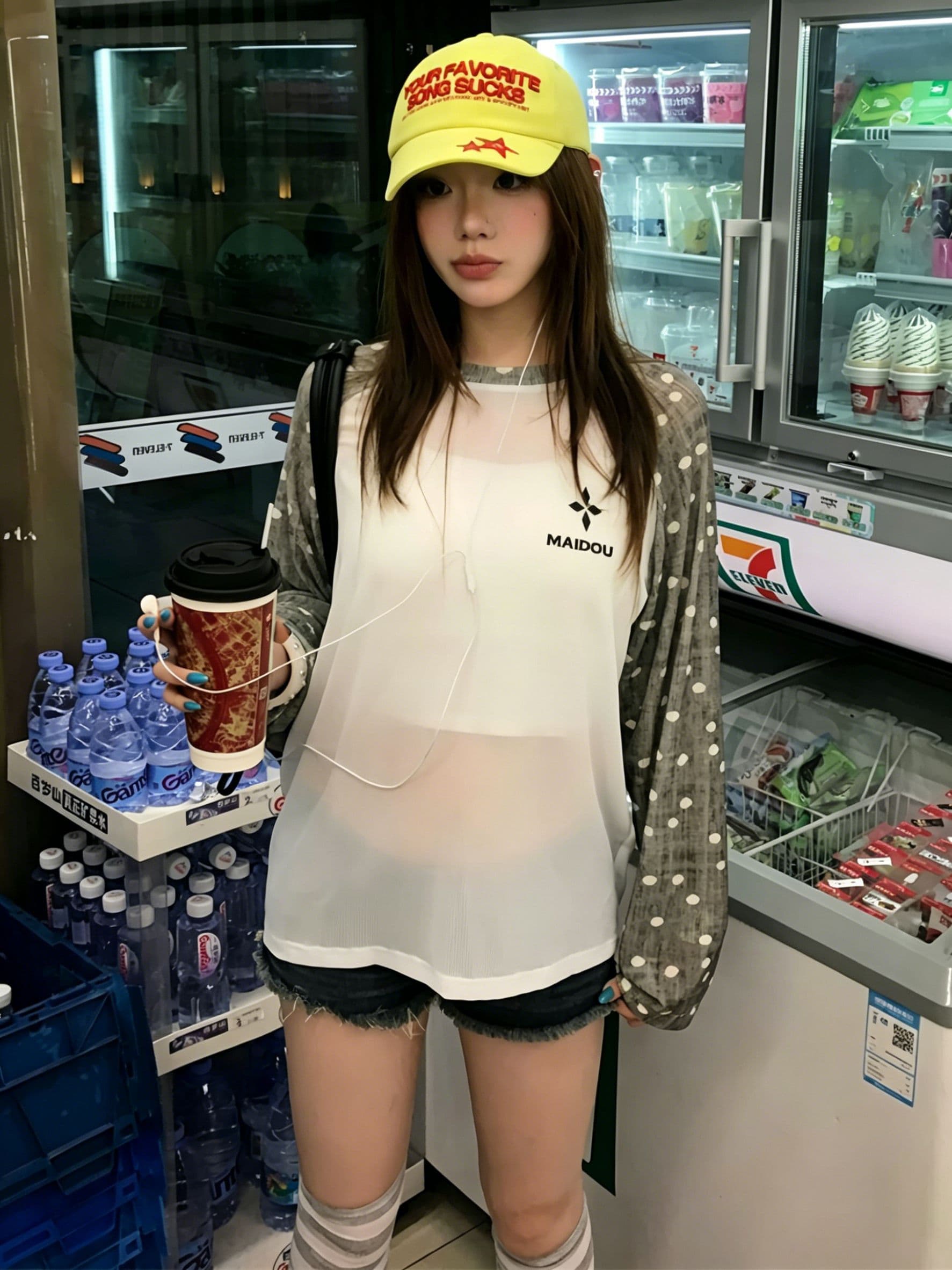 원본 원단 배색 도트 무늬 물리학 자외선 차단 블라우스 여성 여름 삽입 어깨 소매 Tulle 맨위 얇고 가벼운 긴팔 티셔츠 이미지 3