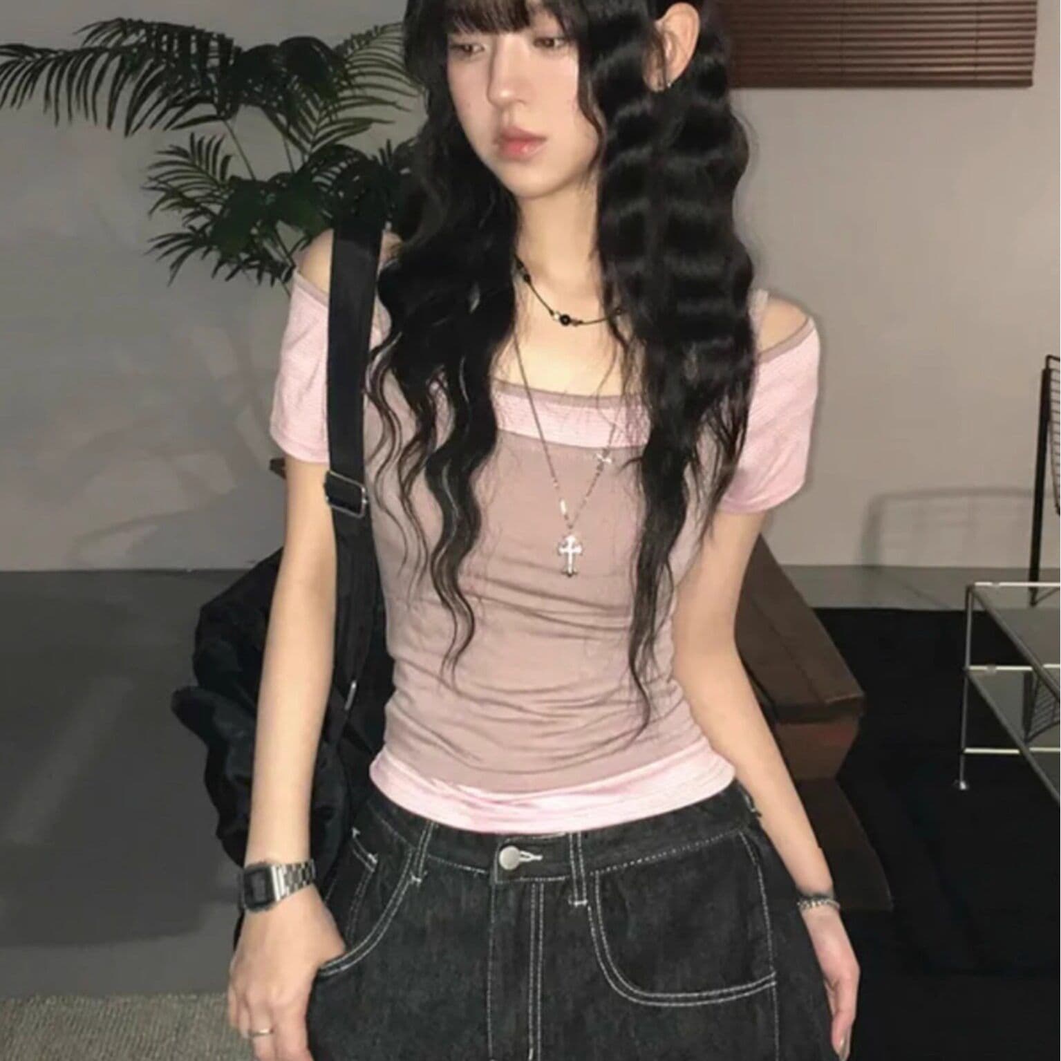 원본 한 부서 여름 스택 착용 오프숄더 슬림해 보이는 다용도 스트라이프 반팔 캐미솔 페이크 레이어드 맨위 여성