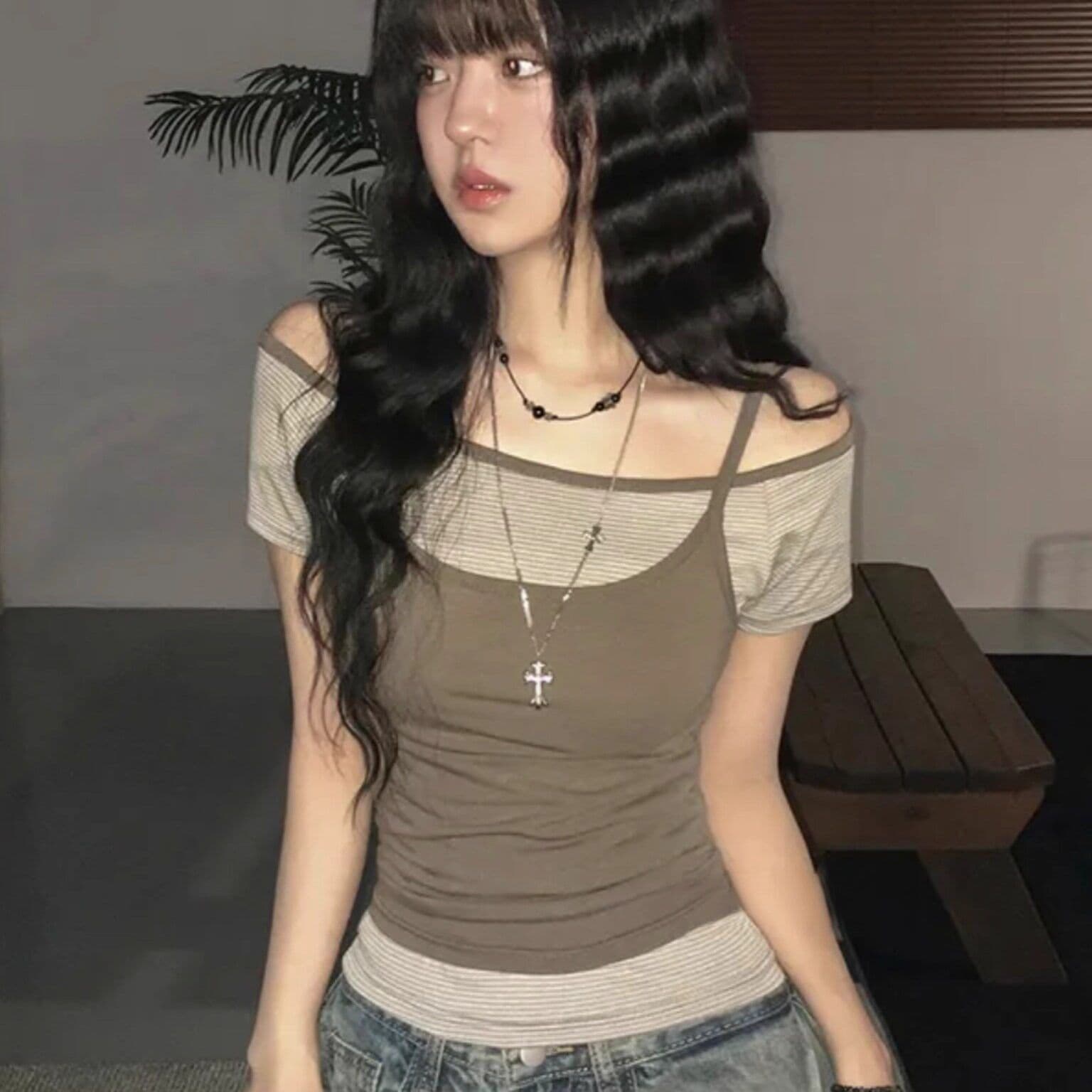 원본 한 부서 여름 스택 착용 오프숄더 슬림해 보이는 다용도 스트라이프 반팔 캐미솔 페이크 레이어드 맨위 여성 이미지 3
