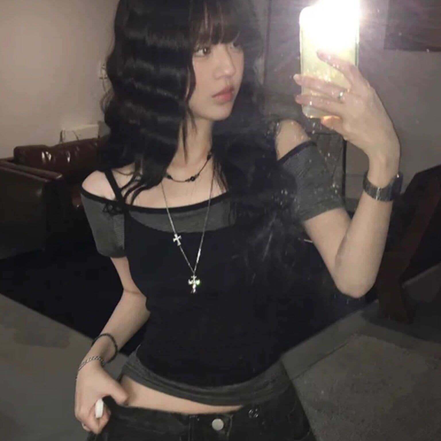 원본 한 부서 여름 스택 착용 오프숄더 슬림해 보이는 다용도 스트라이프 반팔 캐미솔 페이크 레이어드 맨위 여성 이미지 2