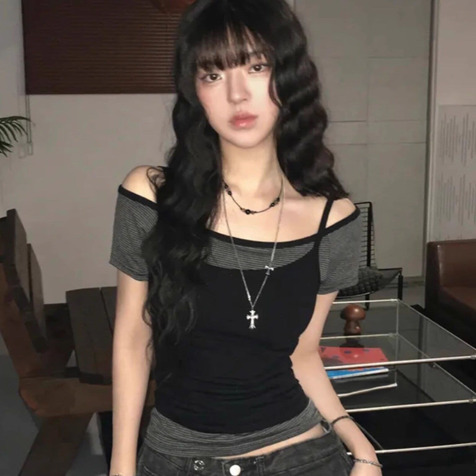 원본 한 부서 여름 스택 착용 오프숄더 슬림해 보이는 다용도 스트라이프 반팔 캐미솔 페이크 레이어드 맨위 여성 이미지 5