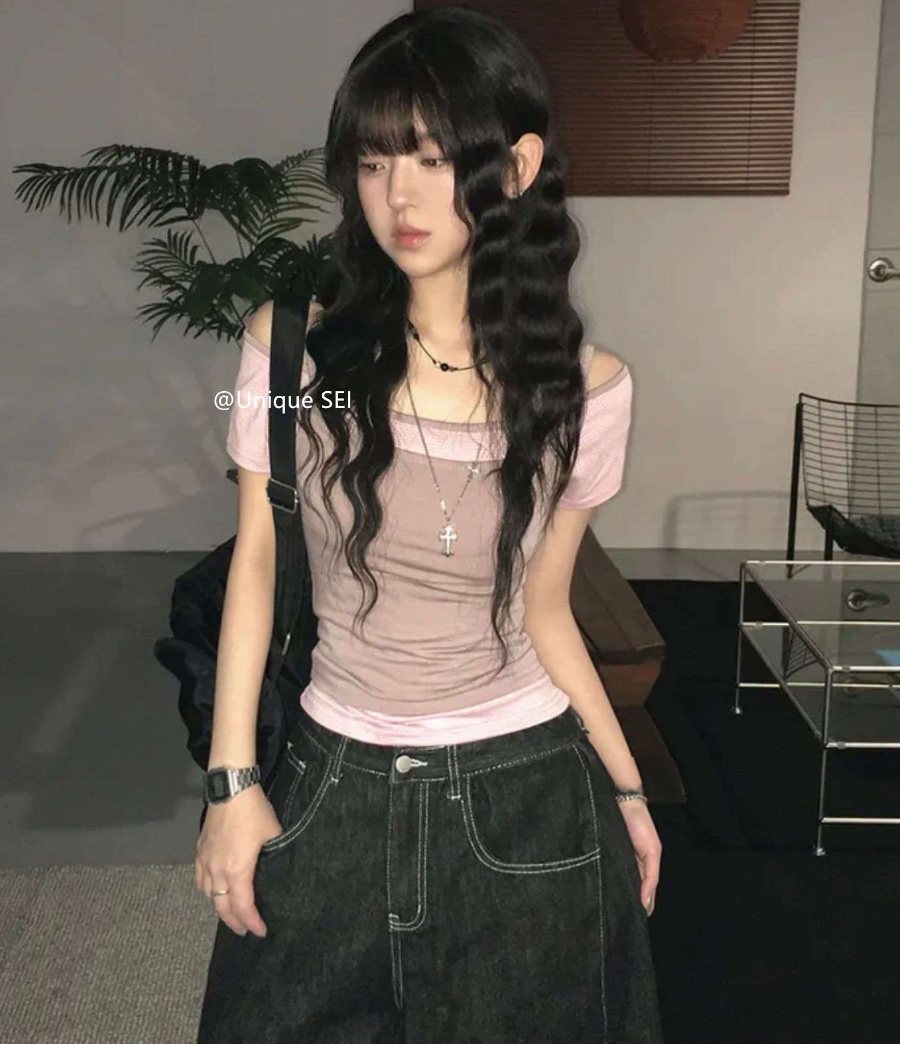 원본 한 부서 여름 스택 착용 오프숄더 슬림해 보이는 다용도 스트라이프 반팔 캐미솔 페이크 레이어드 맨위 여성 상세 이미지 2