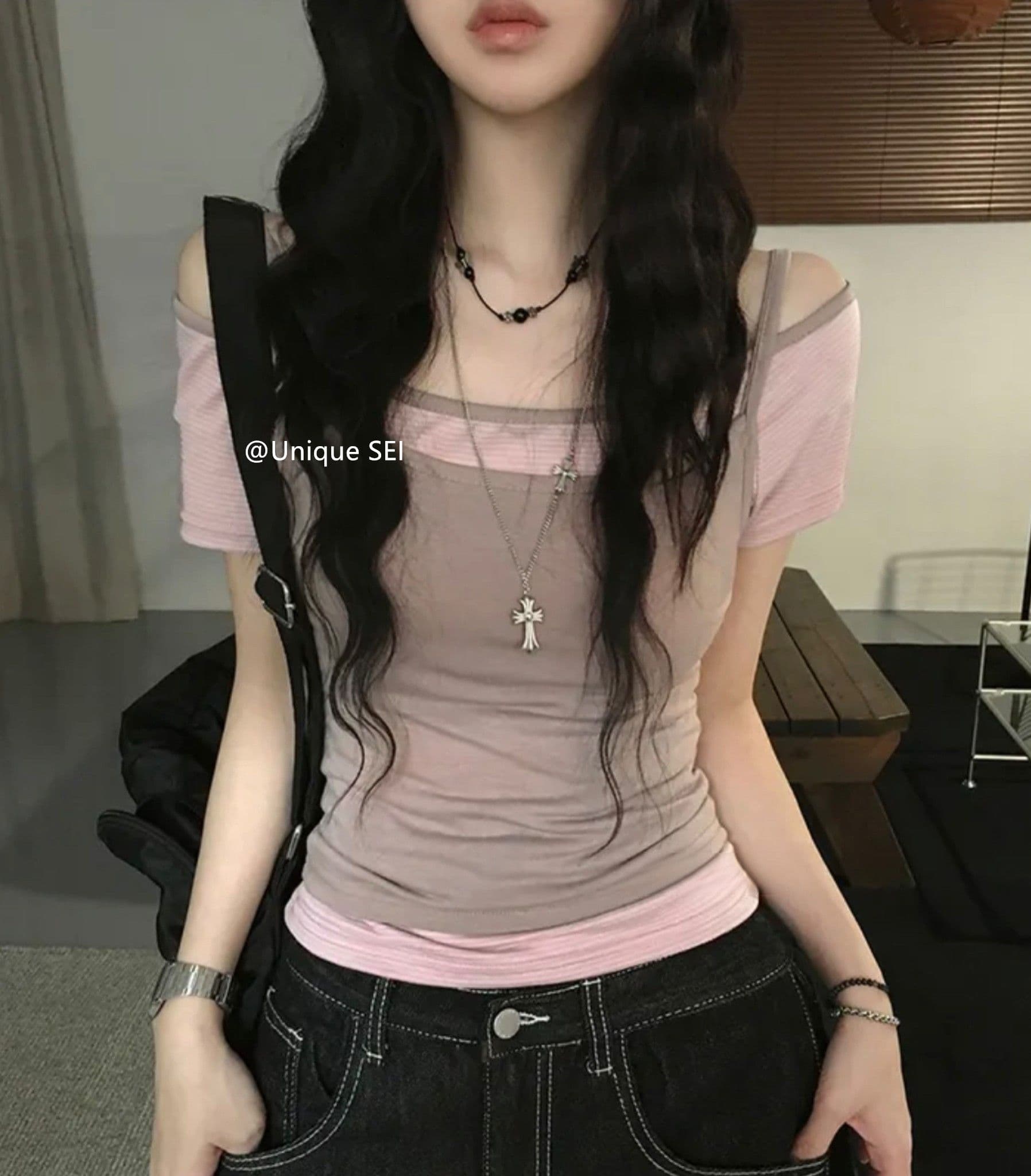 원본 한 부서 여름 스택 착용 오프숄더 슬림해 보이는 다용도 스트라이프 반팔 캐미솔 페이크 레이어드 맨위 여성 상세 이미지 5