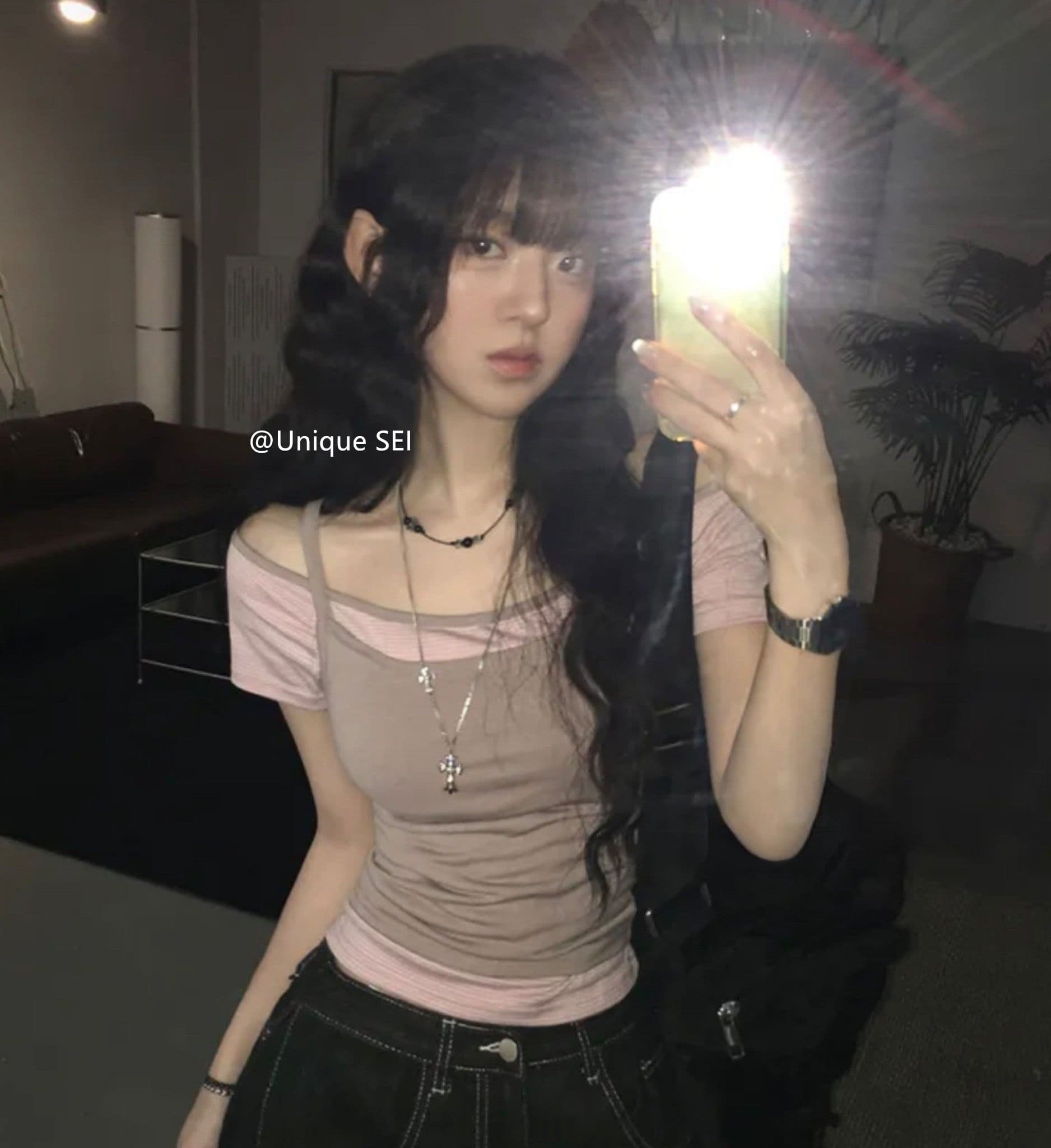 원본 한 부서 여름 스택 착용 오프숄더 슬림해 보이는 다용도 스트라이프 반팔 캐미솔 페이크 레이어드 맨위 여성 상세 이미지 8