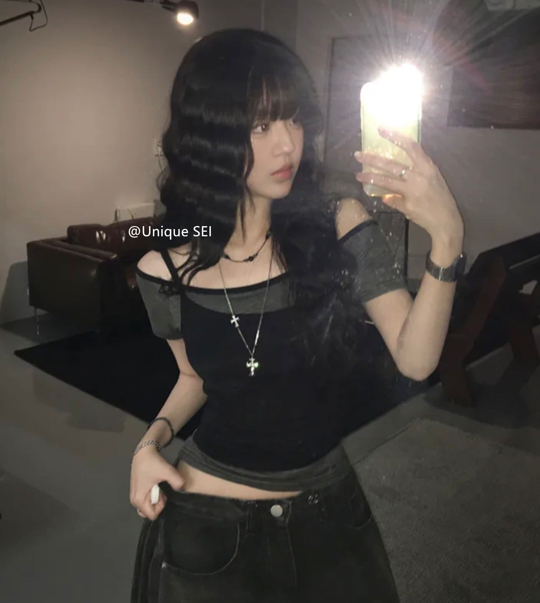 원본 한 부서 여름 스택 착용 오프숄더 슬림해 보이는 다용도 스트라이프 반팔 캐미솔 페이크 레이어드 맨위 여성 상세 이미지 10