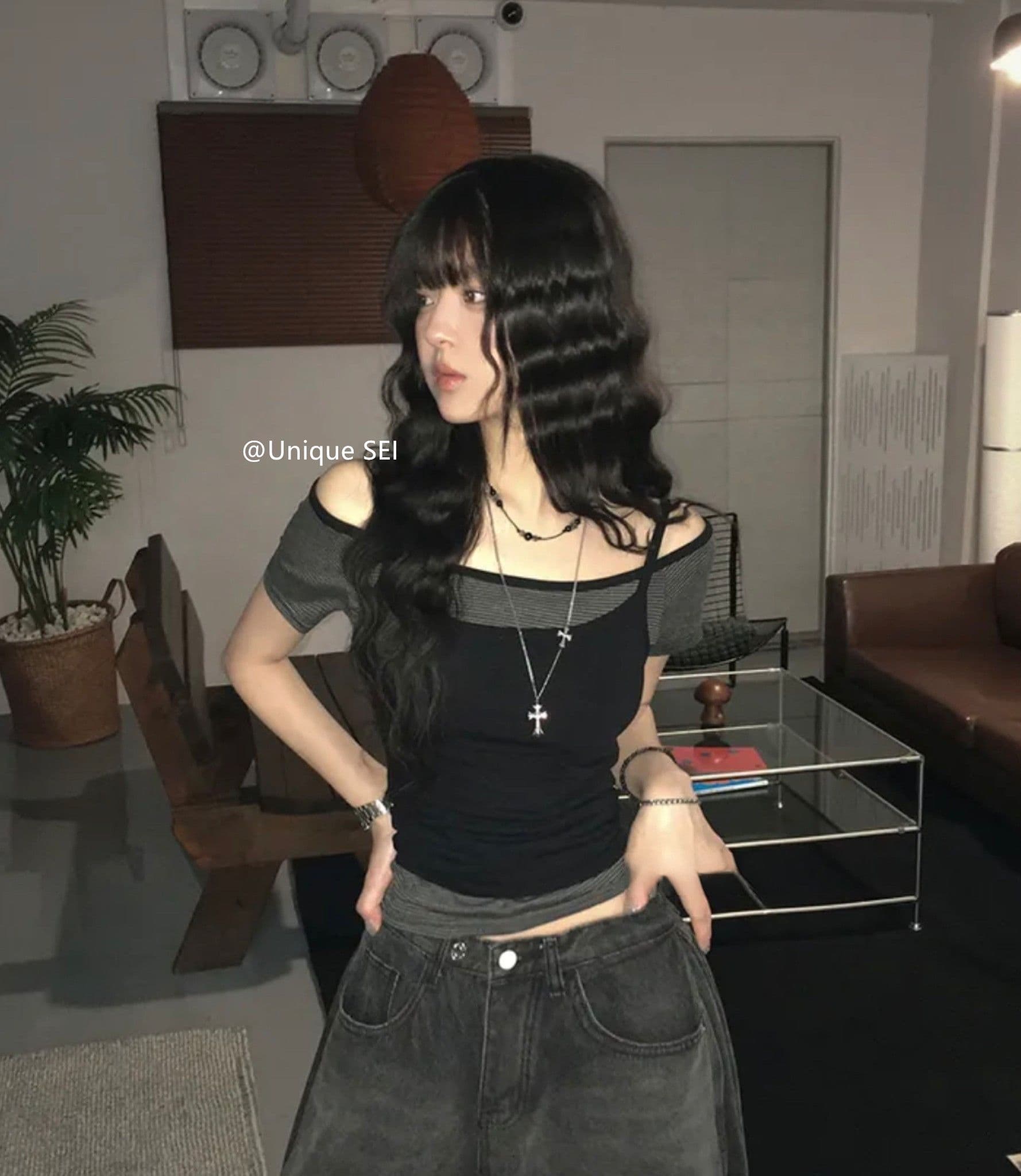 원본 한 부서 여름 스택 착용 오프숄더 슬림해 보이는 다용도 스트라이프 반팔 캐미솔 페이크 레이어드 맨위 여성 상세 이미지 12