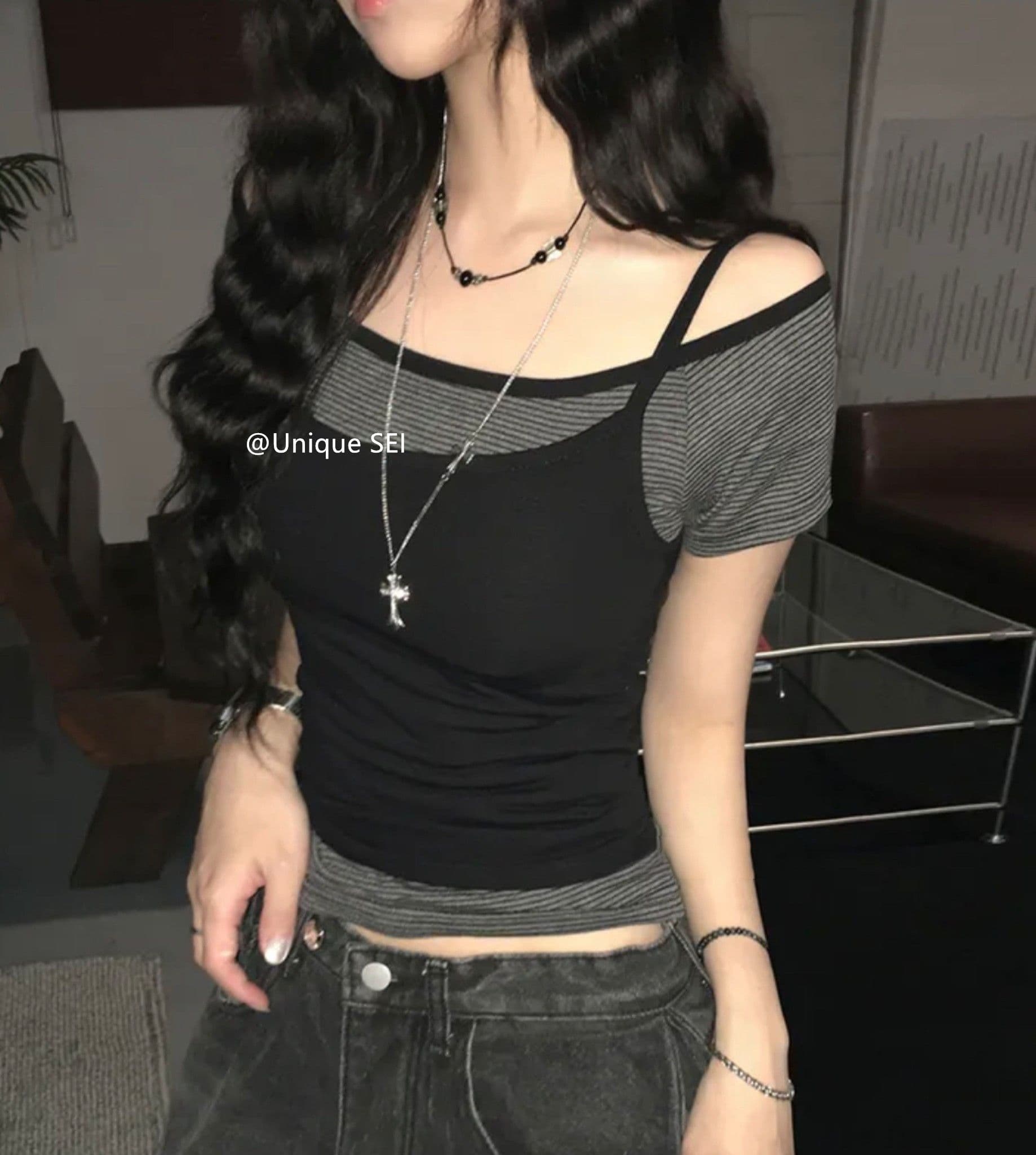 원본 한 부서 여름 스택 착용 오프숄더 슬림해 보이는 다용도 스트라이프 반팔 캐미솔 페이크 레이어드 맨위 여성 상세 이미지 14