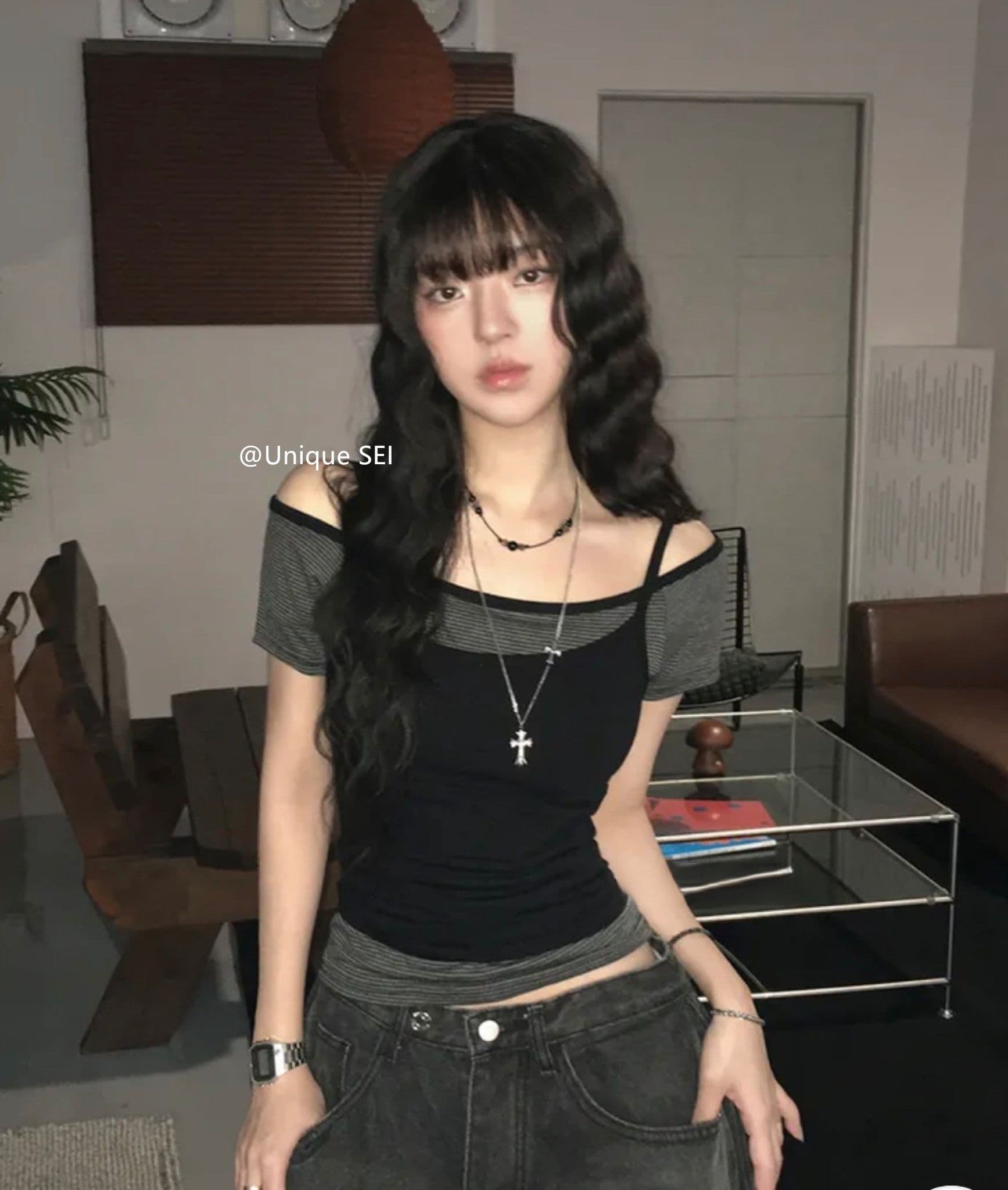 원본 한 부서 여름 스택 착용 오프숄더 슬림해 보이는 다용도 스트라이프 반팔 캐미솔 페이크 레이어드 맨위 여성 상세 이미지 16