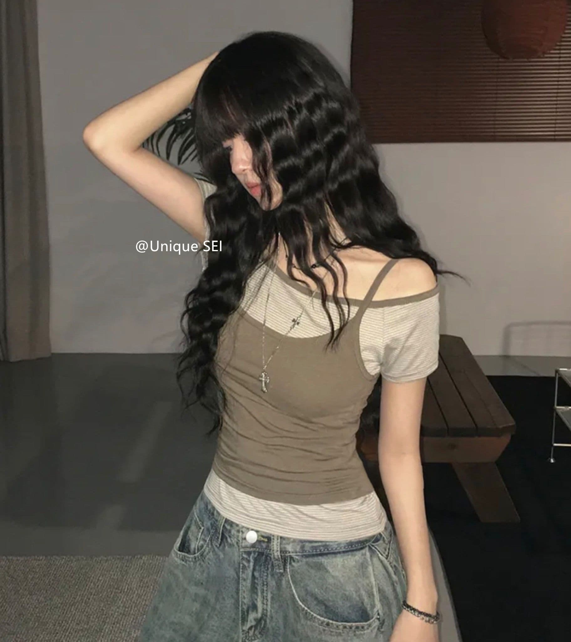 원본 한 부서 여름 스택 착용 오프숄더 슬림해 보이는 다용도 스트라이프 반팔 캐미솔 페이크 레이어드 맨위 여성 상세 이미지 17