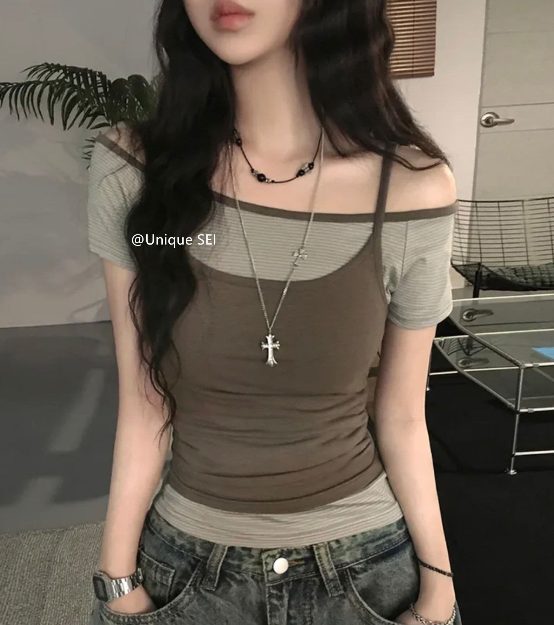 원본 한 부서 여름 스택 착용 오프숄더 슬림해 보이는 다용도 스트라이프 반팔 캐미솔 페이크 레이어드 맨위 여성 상세 이미지 18