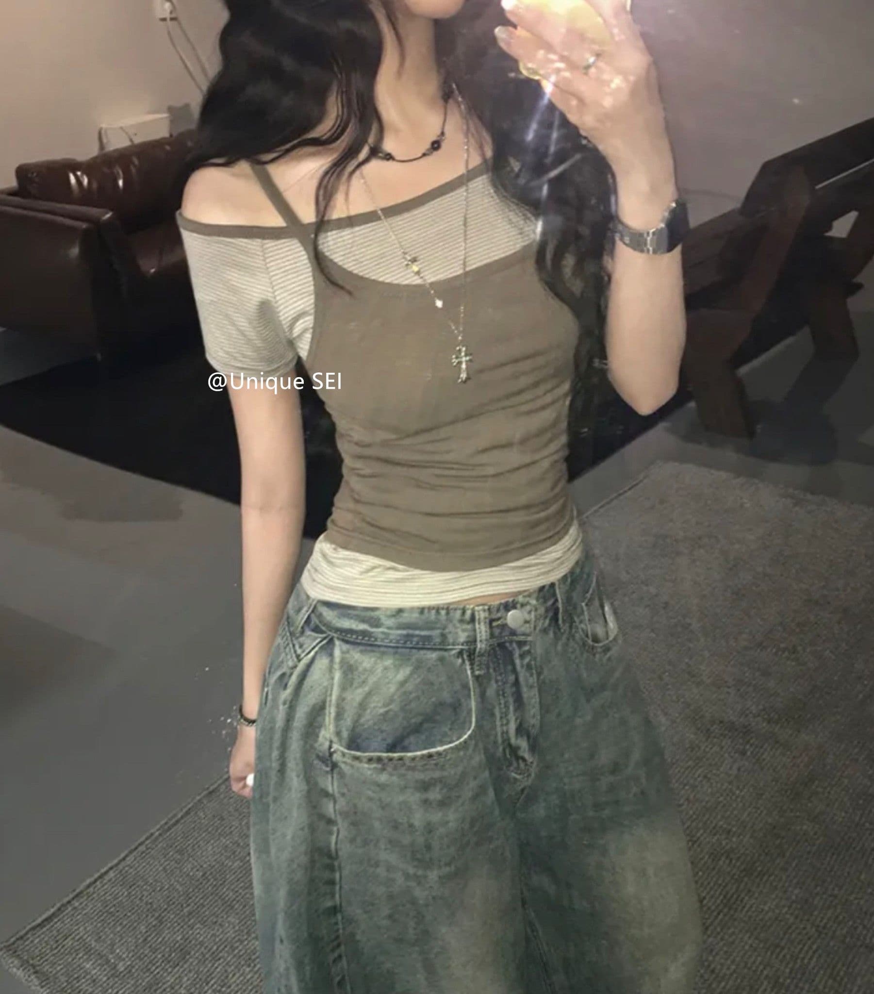 원본 한 부서 여름 스택 착용 오프숄더 슬림해 보이는 다용도 스트라이프 반팔 캐미솔 페이크 레이어드 맨위 여성 상세 이미지 19