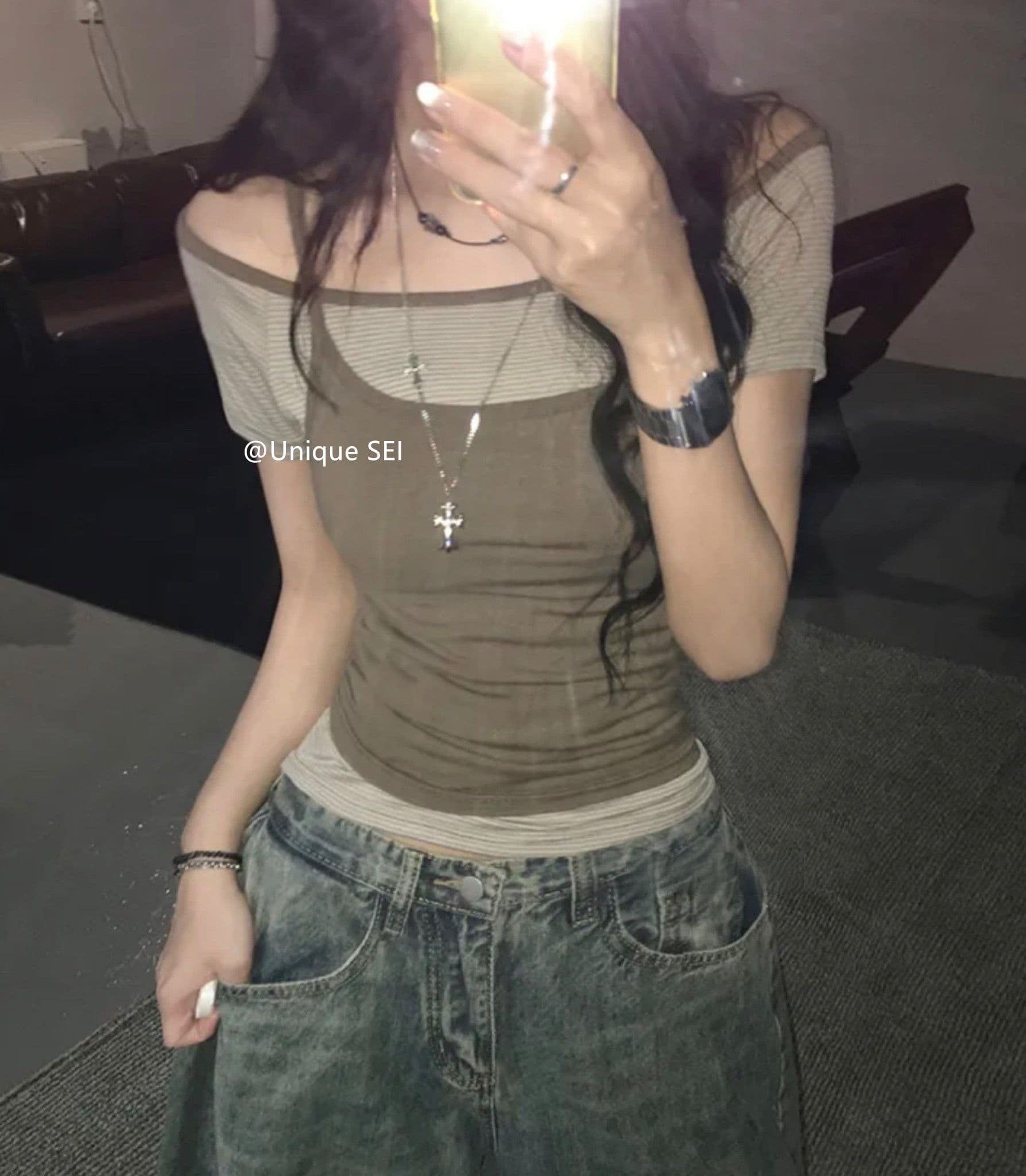 원본 한 부서 여름 스택 착용 오프숄더 슬림해 보이는 다용도 스트라이프 반팔 캐미솔 페이크 레이어드 맨위 여성 상세 이미지 21