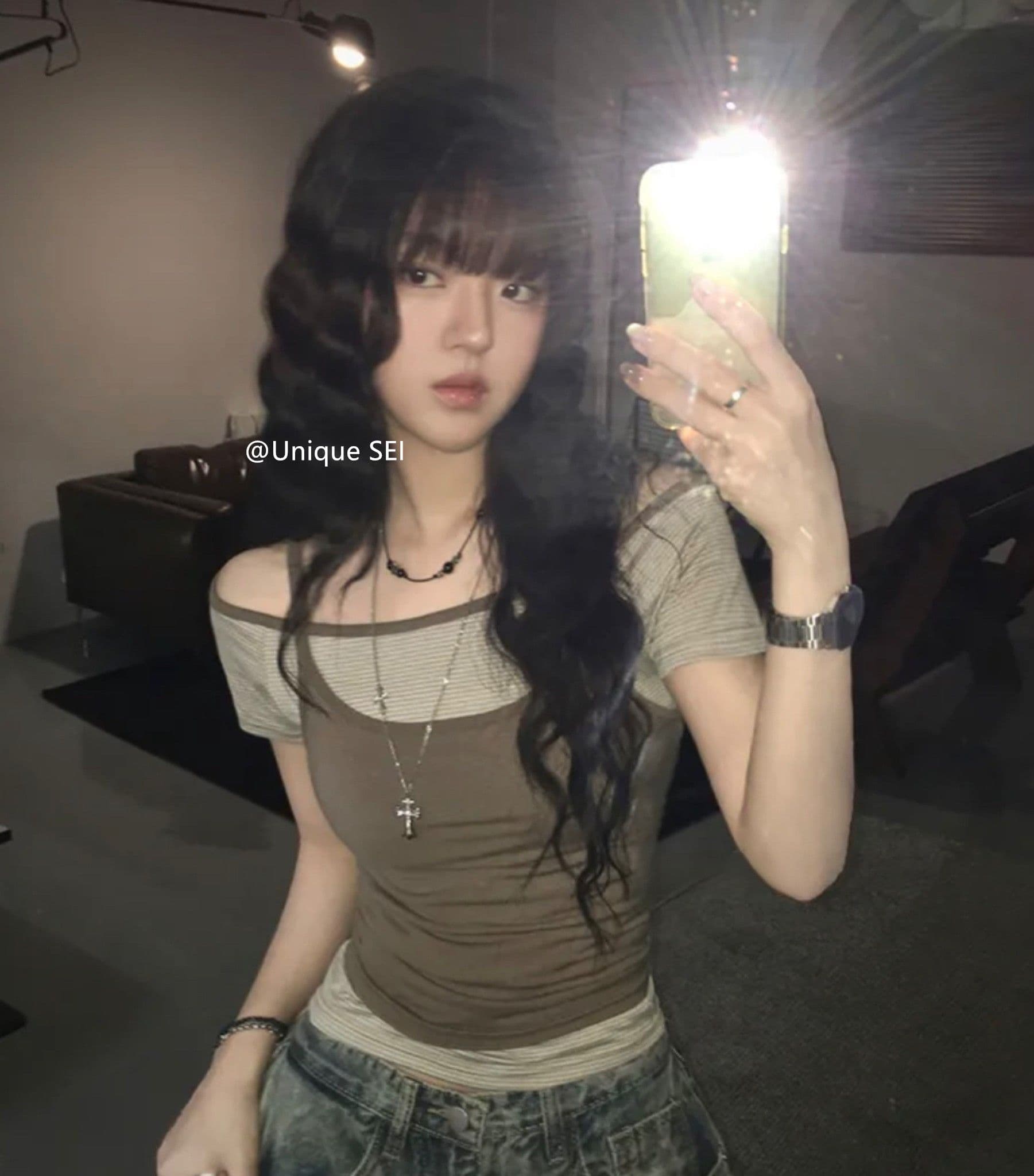 원본 한 부서 여름 스택 착용 오프숄더 슬림해 보이는 다용도 스트라이프 반팔 캐미솔 페이크 레이어드 맨위 여성 상세 이미지 23