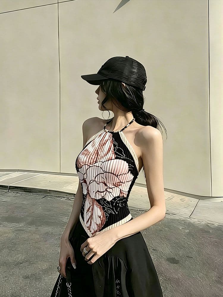 분말 블랙 프린트 주름 비즈 행침 목 슬립 여성 여름 외출용 백리스 몸매 가꾸기 조끼 해변가 삼각형 스카프 맨위 이미지 3