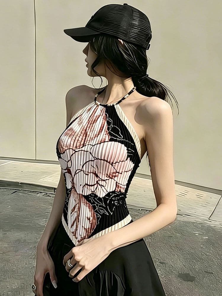분말 블랙 프린트 주름 비즈 행침 목 슬립 여성 여름 외출용 백리스 몸매 가꾸기 조끼 해변가 삼각형 스카프 맨위 상세 이미지 4