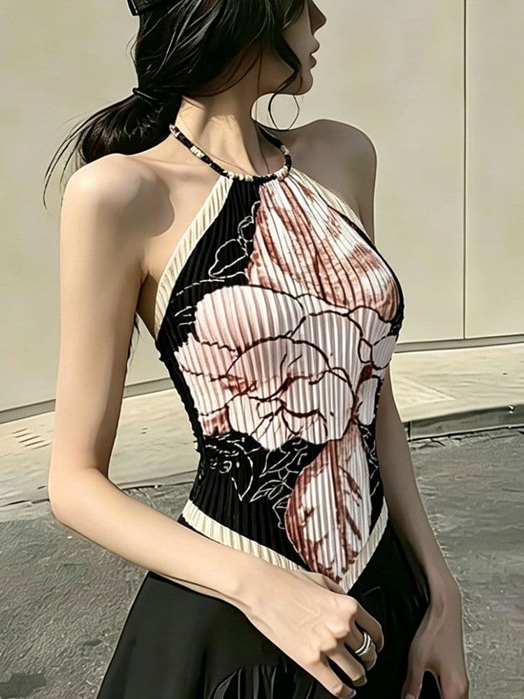 분말 블랙 프린트 주름 비즈 행침 목 슬립 여성 여름 외출용 백리스 몸매 가꾸기 조끼 해변가 삼각형 스카프 맨위 상세 이미지 6