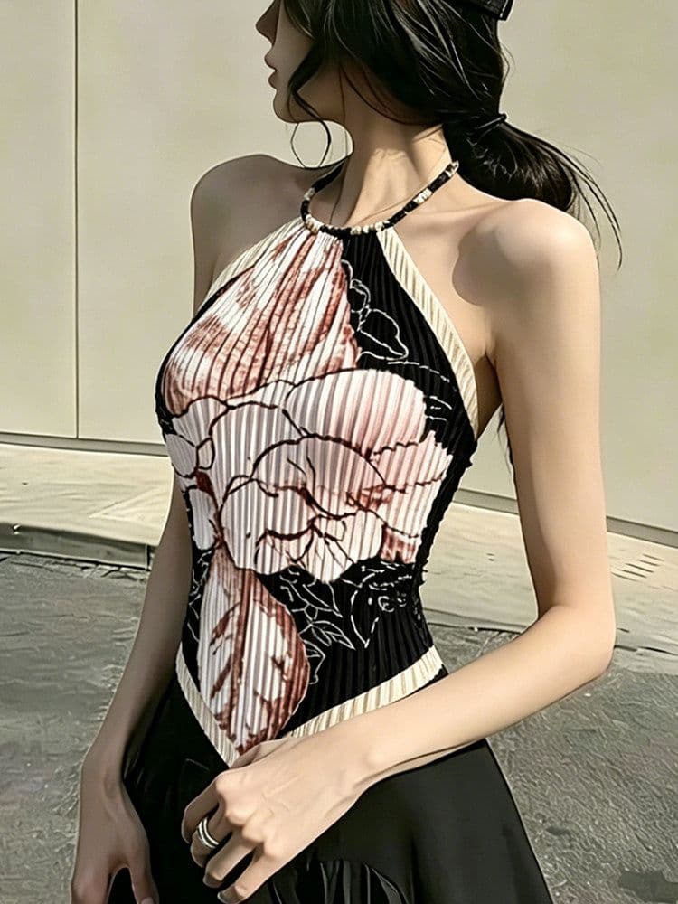 분말 블랙 프린트 주름 비즈 행침 목 슬립 여성 여름 외출용 백리스 몸매 가꾸기 조끼 해변가 삼각형 스카프 맨위 상세 이미지 7