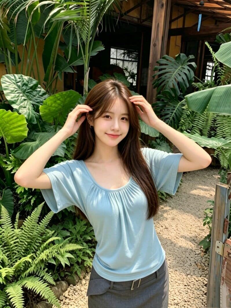 사람들 면 270 그램 디자인 센스 파란색 u 칼라 백리스 반팔 티셔츠 여성 미니멀리즘 다용도 몸매 가꾸기 주름 맨위 이미지 4