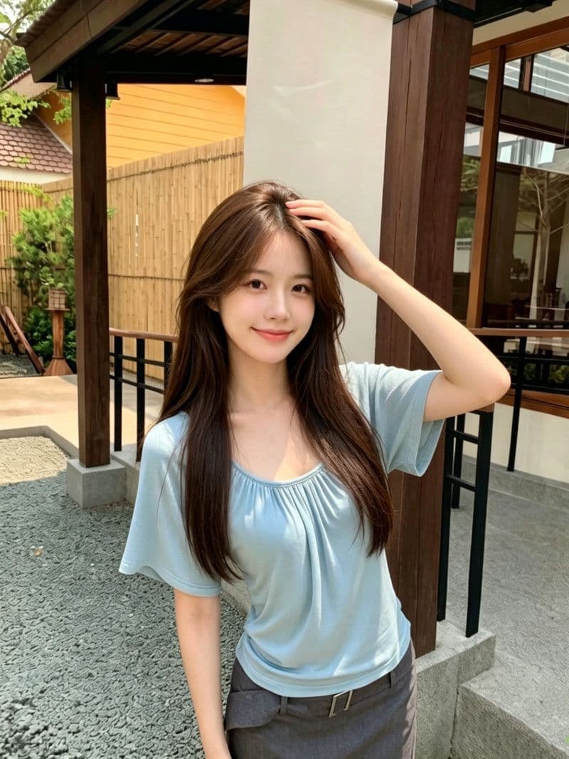 사람들 면 270 그램 디자인 센스 파란색 u 칼라 백리스 반팔 티셔츠 여성 미니멀리즘 다용도 몸매 가꾸기 주름 맨위 상세 이미지 2