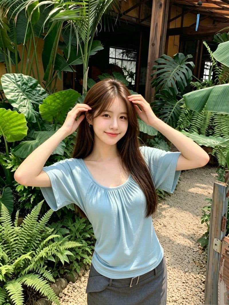 사람들 면 270 그램 디자인 센스 파란색 u 칼라 백리스 반팔 티셔츠 여성 미니멀리즘 다용도 몸매 가꾸기 주름 맨위 상세 이미지 3