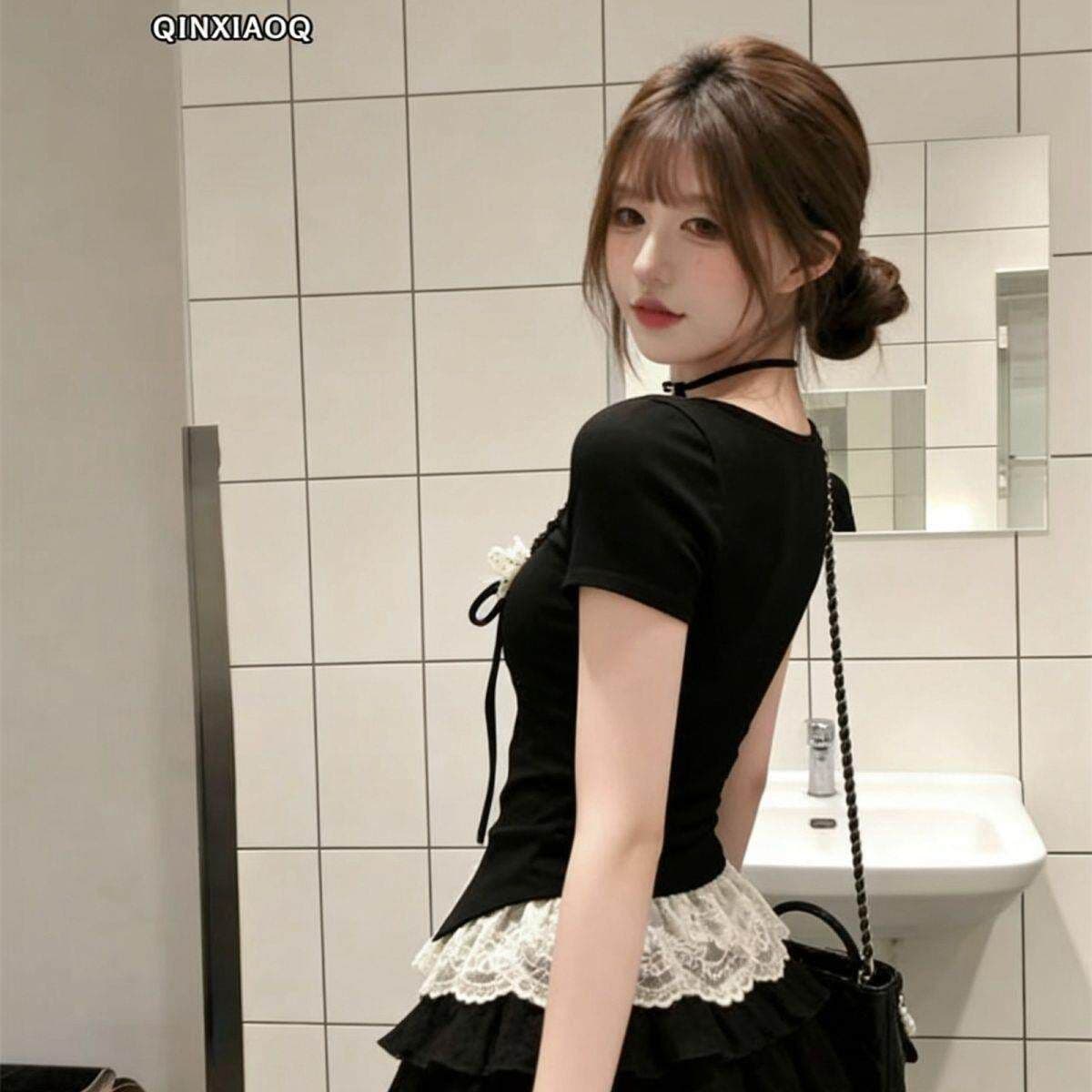 2026 여름 새로운 한 부서 몸매 가꾸기 달콤한 핫걸 착용 가져 가라. 슬림해 보이는 페이크 레이어드 레이스 맨위 상세 이미지 6