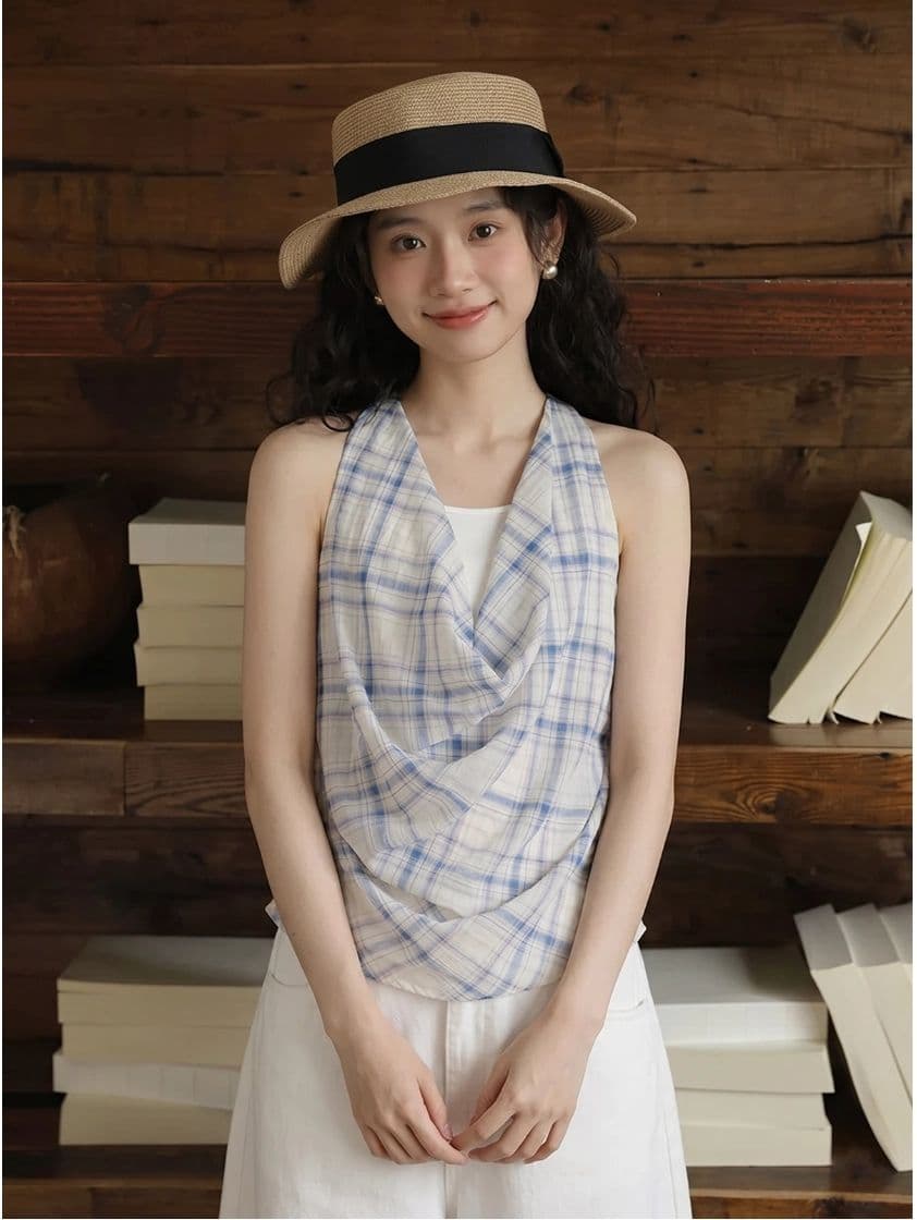 40 순면 폴리 에스터 암모니아 인터넷 고급 센스 페이크 레이어드 체크무늬 캐미솔 여름 몸매 가꾸기 슬림해 보이는 민소매 맨위 이미지 4
