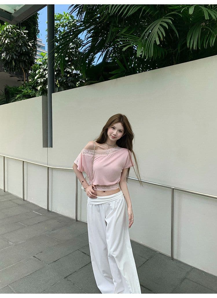 tongiiuu 아름다움 어깨 법 새싹 레이스 조각 비스듬한 어깨 반팔 티셔츠 여성 디자인 센스 허리 수축 슬림해 보이는 맨위 여름 상세 이미지 17