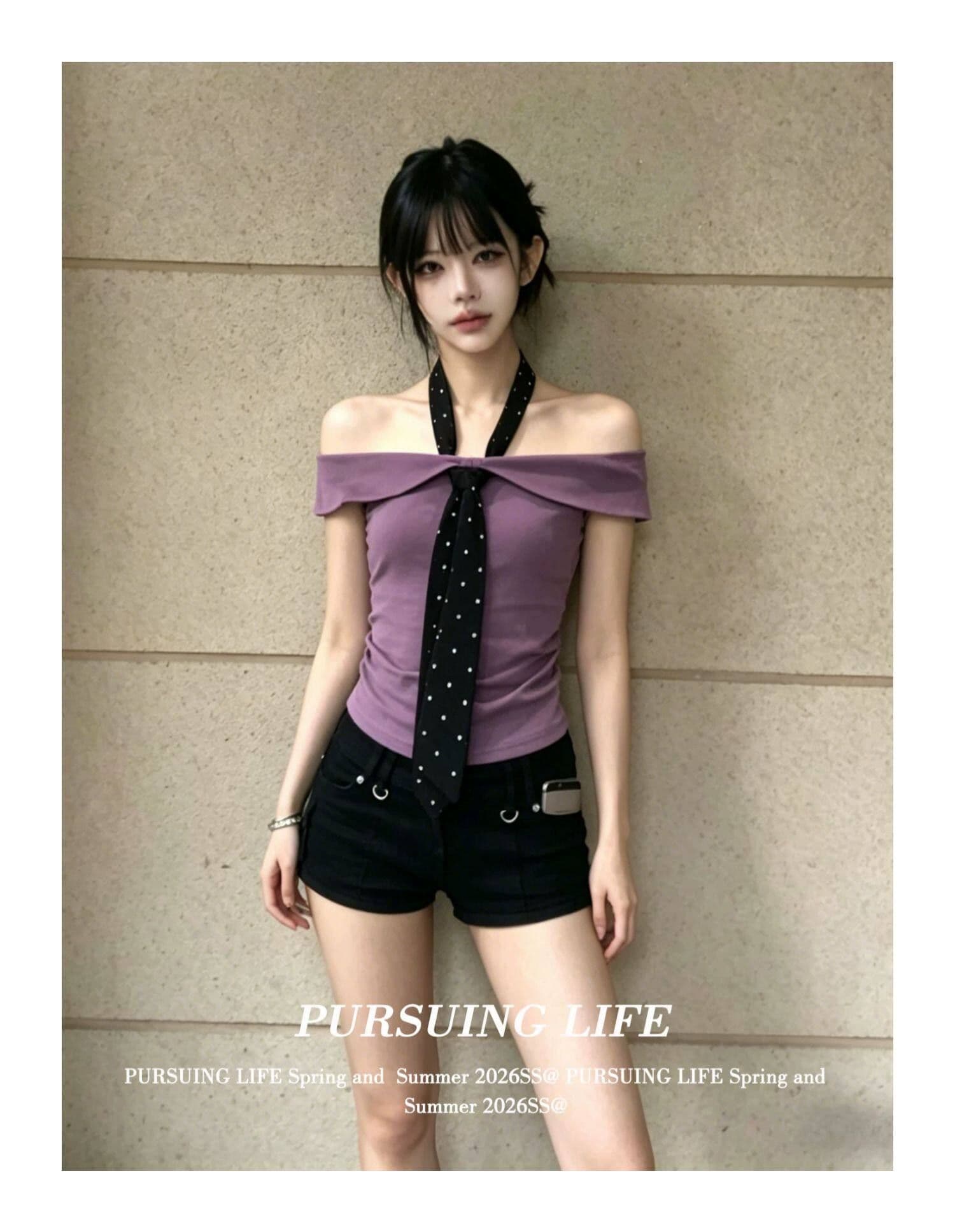 40 92 면 8 암모니아 Lun 보라색 오프숄더 반팔 여성 고급 센스 리본 티셔츠 몸매 가꾸기 슬림해 보이는 오프숄더 맨위 상세 이미지 5