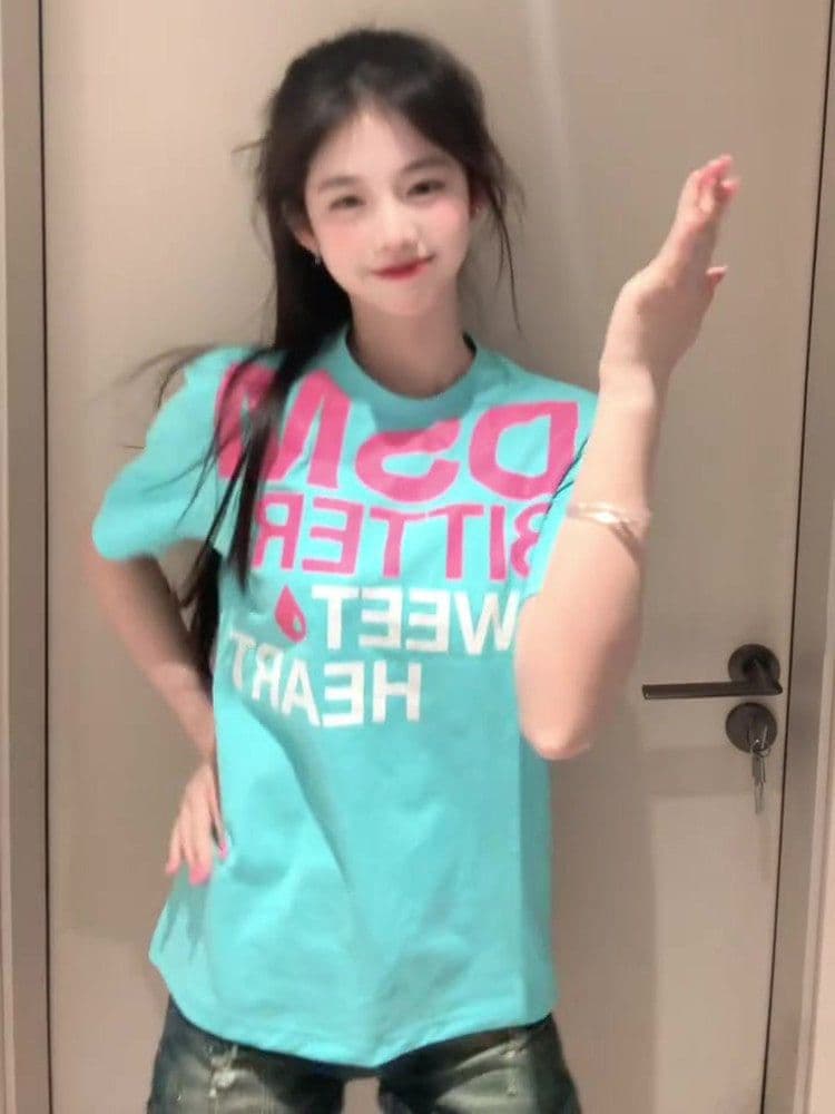 한 부서 레트로 패치워크 파란색 알파벳 반팔 티셔츠 여성 여름 몸매 가꾸기 슬림해 보이는 디자인 센스 다용도 캐주얼 맨위 상세 이미지 3