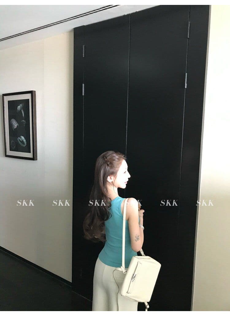 아메리칸 핫걸 바람 캐미솔 여름 몸매 가꾸기 슬림해 보이는 녹색 u 칼라 단추 다용도 디자인 센스 맨위 트렌디 이미지 3