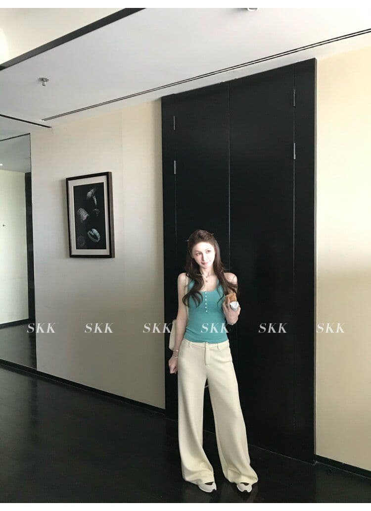 아메리칸 핫걸 바람 캐미솔 여름 몸매 가꾸기 슬림해 보이는 녹색 u 칼라 단추 다용도 디자인 센스 맨위 트렌디 상세 이미지 5