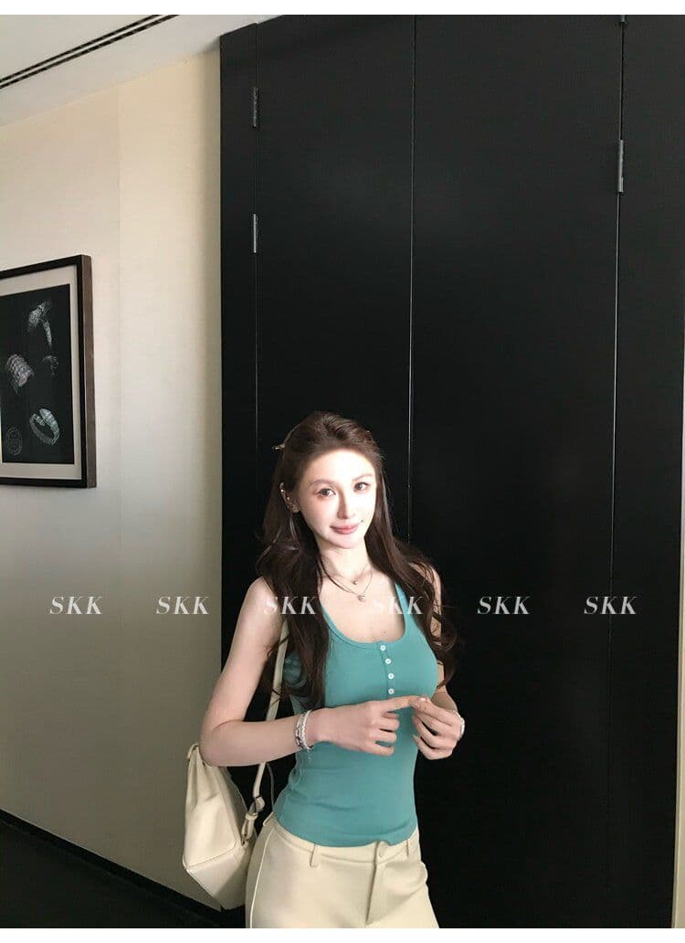 아메리칸 핫걸 바람 캐미솔 여름 몸매 가꾸기 슬림해 보이는 녹색 u 칼라 단추 다용도 디자인 센스 맨위 트렌디 상세 이미지 6