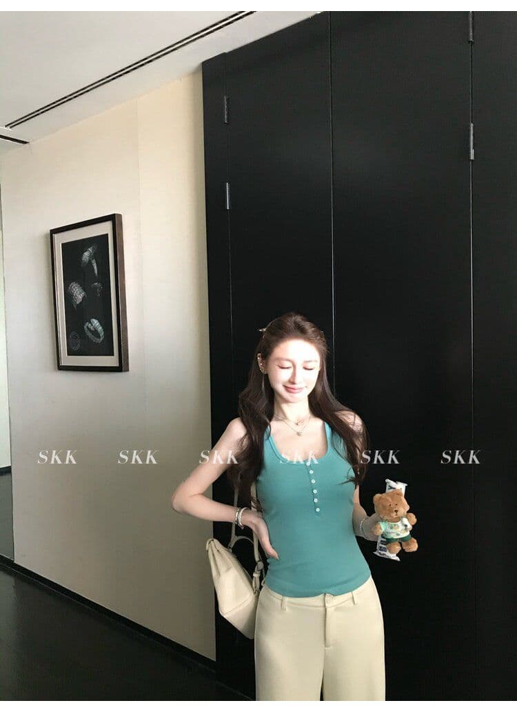 아메리칸 핫걸 바람 캐미솔 여름 몸매 가꾸기 슬림해 보이는 녹색 u 칼라 단추 다용도 디자인 센스 맨위 트렌디 상세 이미지 7