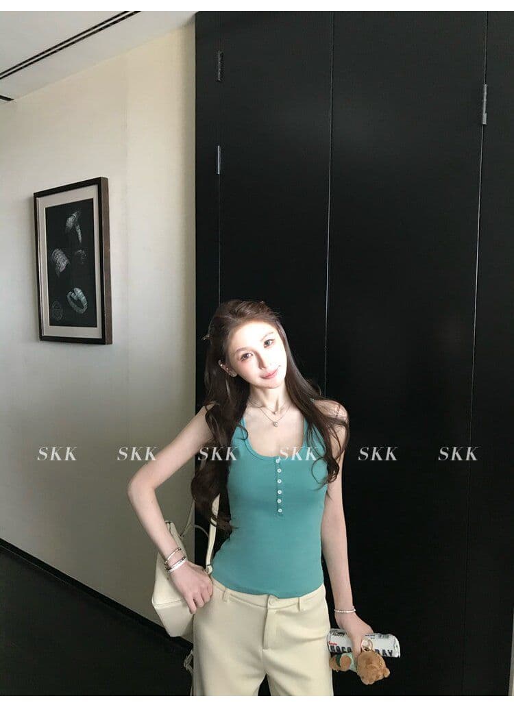 아메리칸 핫걸 바람 캐미솔 여름 몸매 가꾸기 슬림해 보이는 녹색 u 칼라 단추 다용도 디자인 센스 맨위 트렌디 상세 이미지 9
