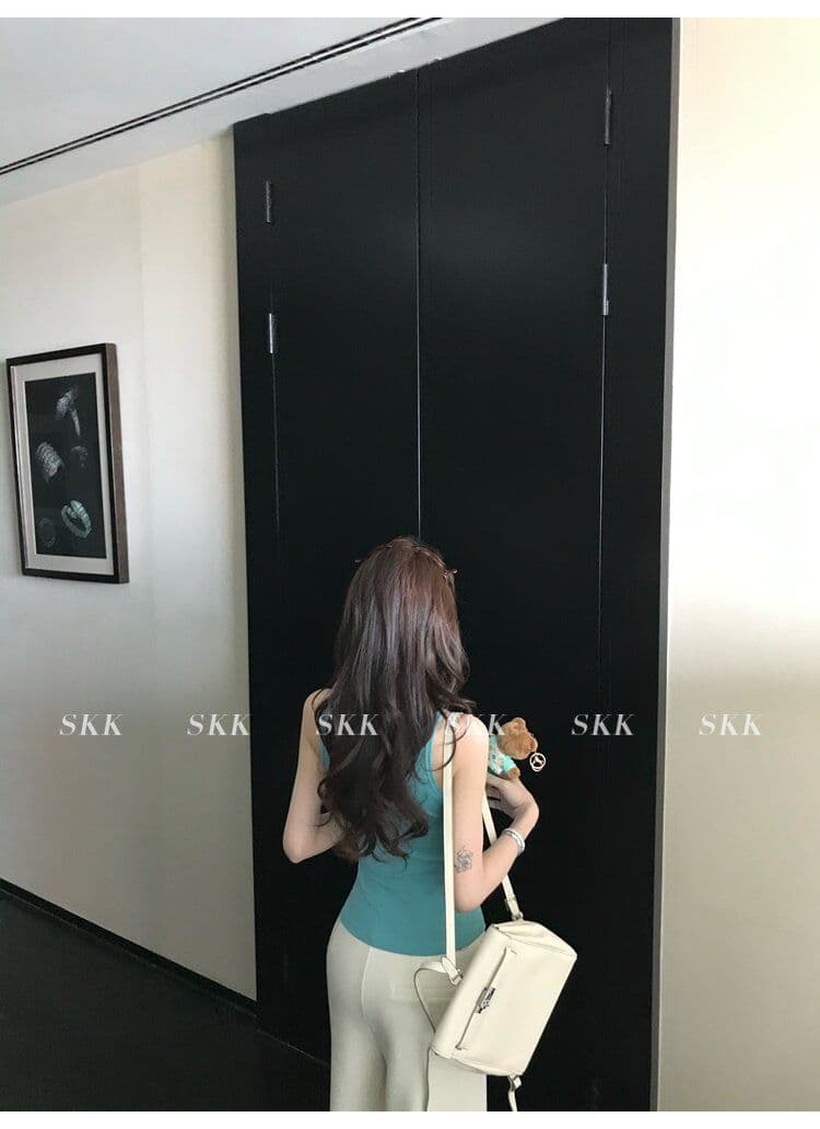 아메리칸 핫걸 바람 캐미솔 여름 몸매 가꾸기 슬림해 보이는 녹색 u 칼라 단추 다용도 디자인 센스 맨위 트렌디 상세 이미지 11