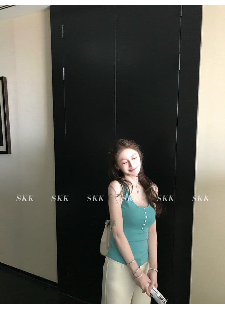 아메리칸 핫걸 바람 캐미솔 여름 몸매 가꾸기 슬림해 보이는 녹색 u 칼라 단추 다용도 디자인 센스 맨위 트렌디 상세 이미지 12
