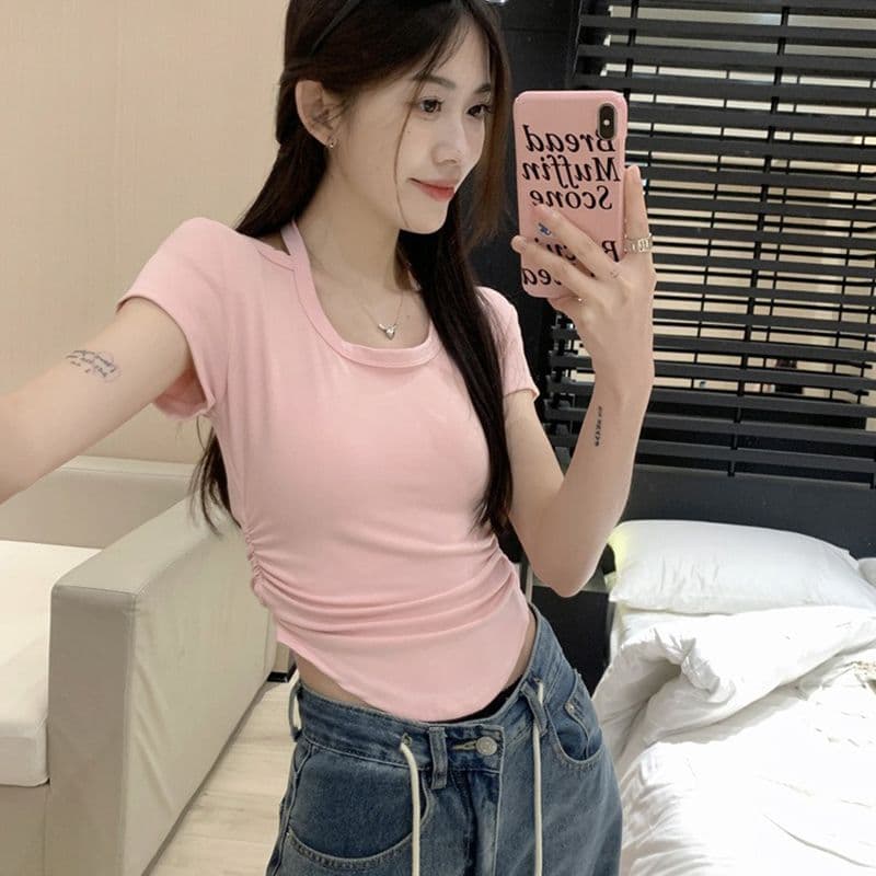 핫걸 레이스업 행침 목 반팔 긍정적 인 어깨 여성 티셔츠 여름 디자인 센스 불규칙 쇼트 스타일 맨위 이미지 4