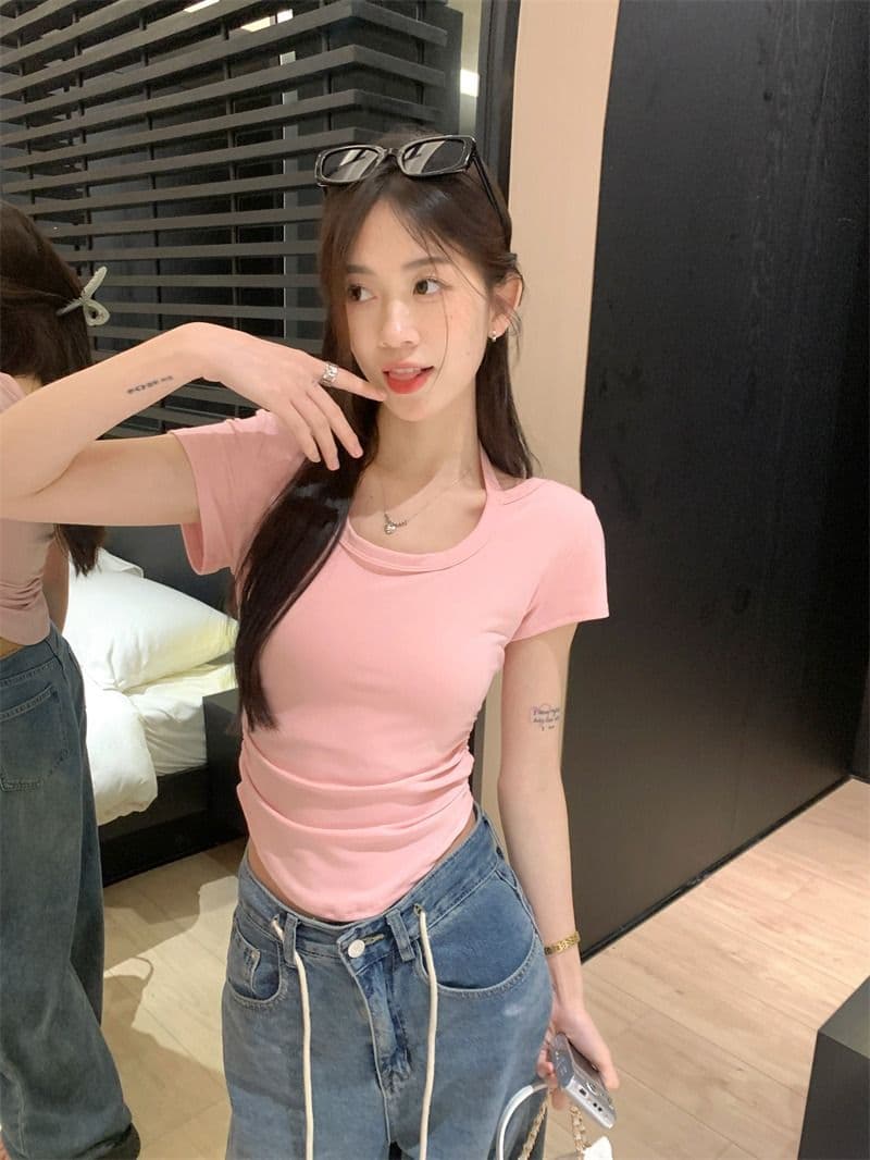 핫걸 레이스업 행침 목 반팔 긍정적 인 어깨 여성 티셔츠 여름 디자인 센스 불규칙 쇼트 스타일 맨위 상세 이미지 9