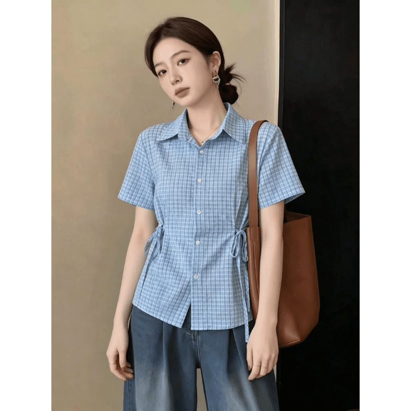 소금 부서 격자 무늬 셔츠 여성용 짧은 소매 여름 새로운 한 부서 디자인 센스 스트랩 허리 수축 품격 슬림해 보이는 셔츠 상세 이미지 4