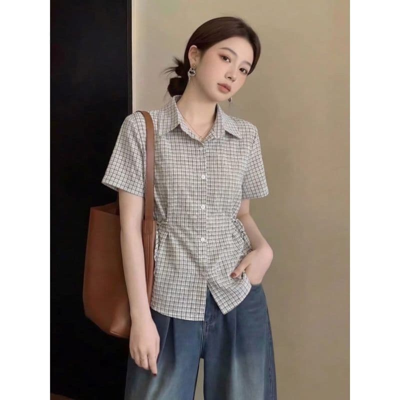 소금 부서 격자 무늬 셔츠 여성용 짧은 소매 여름 새로운 한 부서 디자인 센스 스트랩 허리 수축 품격 슬림해 보이는 셔츠 상세 이미지 6