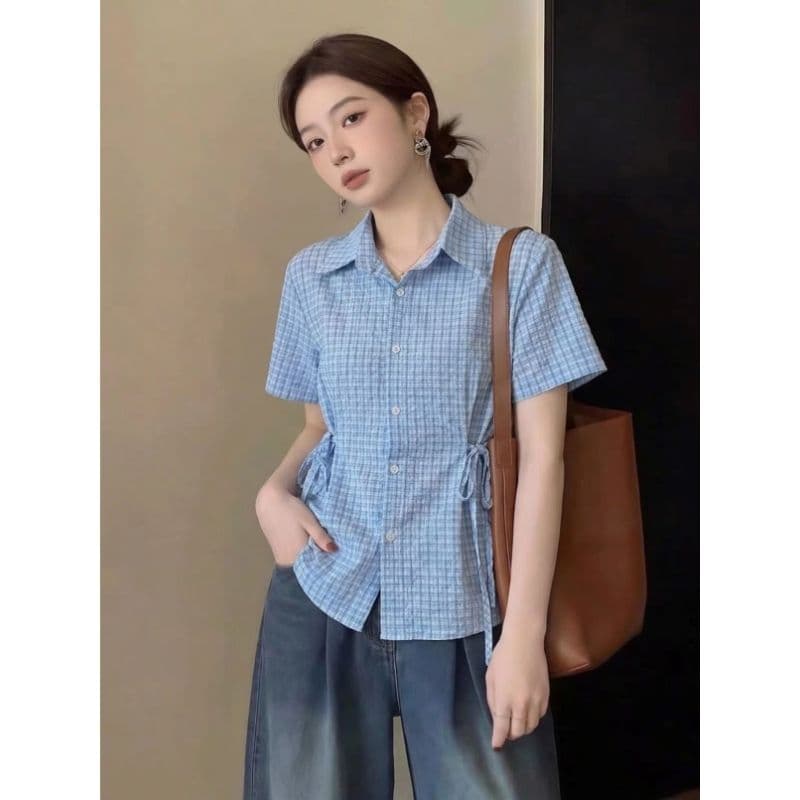소금 부서 격자 무늬 셔츠 여성용 짧은 소매 여름 새로운 한 부서 디자인 센스 스트랩 허리 수축 품격 슬림해 보이는 셔츠 상세 이미지 7