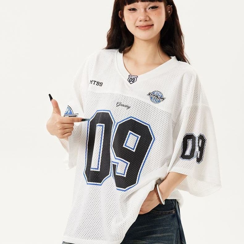 프린트 막대기 부형제 광저우 원본 버드 눈 메시 원단 반팔 티셔츠 남녀 저지 이미지 2