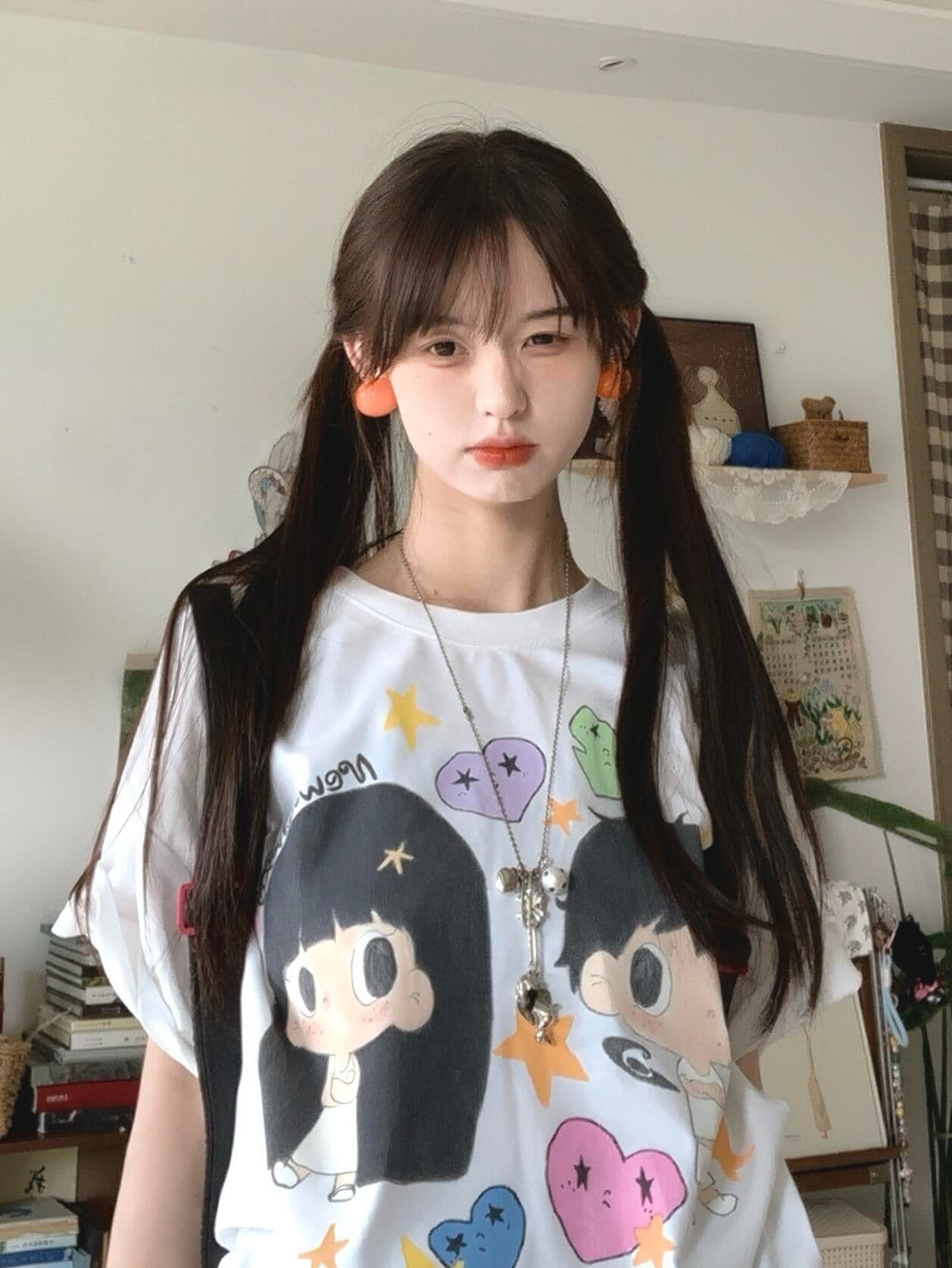 220 그램 빗질하다 순면 이후 패키지 칼라 아메리칸 레트로 루즈핏 라운드 넥 반팔 티셔츠 여성 여름 프린트 맨위 트렌디 이미지 2