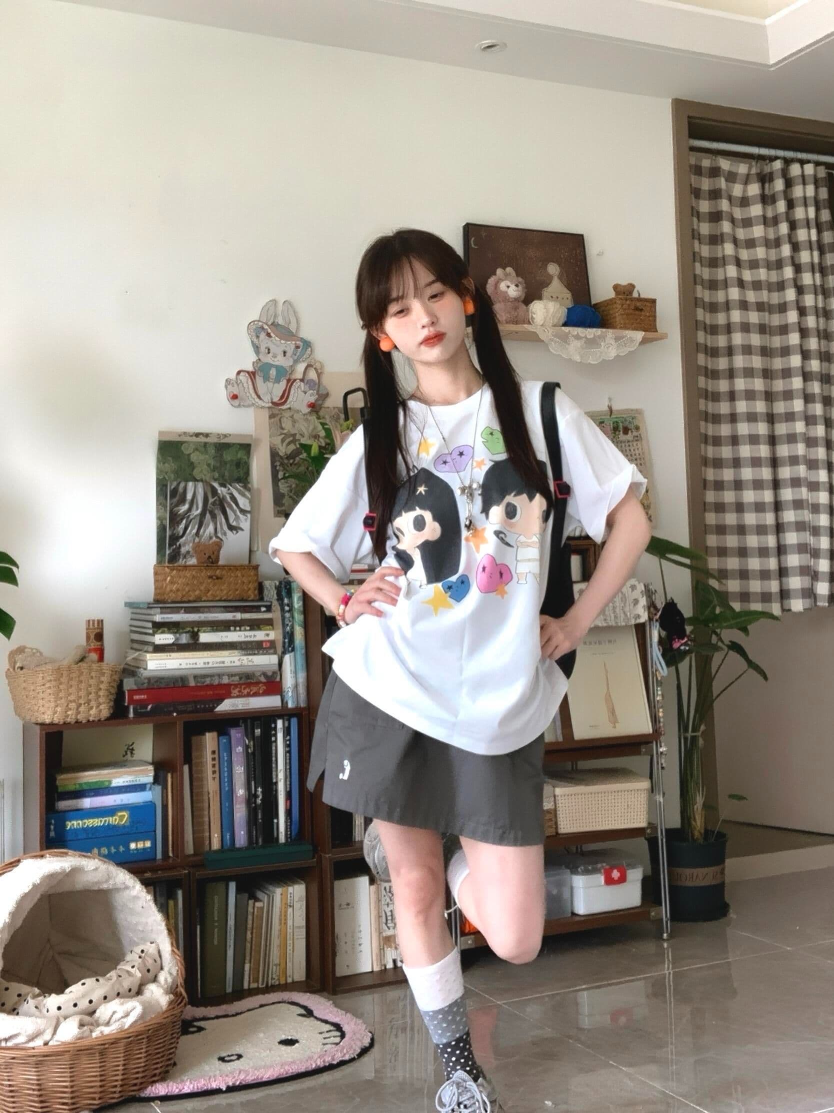 220 그램 빗질하다 순면 이후 패키지 칼라 아메리칸 레트로 루즈핏 라운드 넥 반팔 티셔츠 여성 여름 프린트 맨위 트렌디 이미지 3