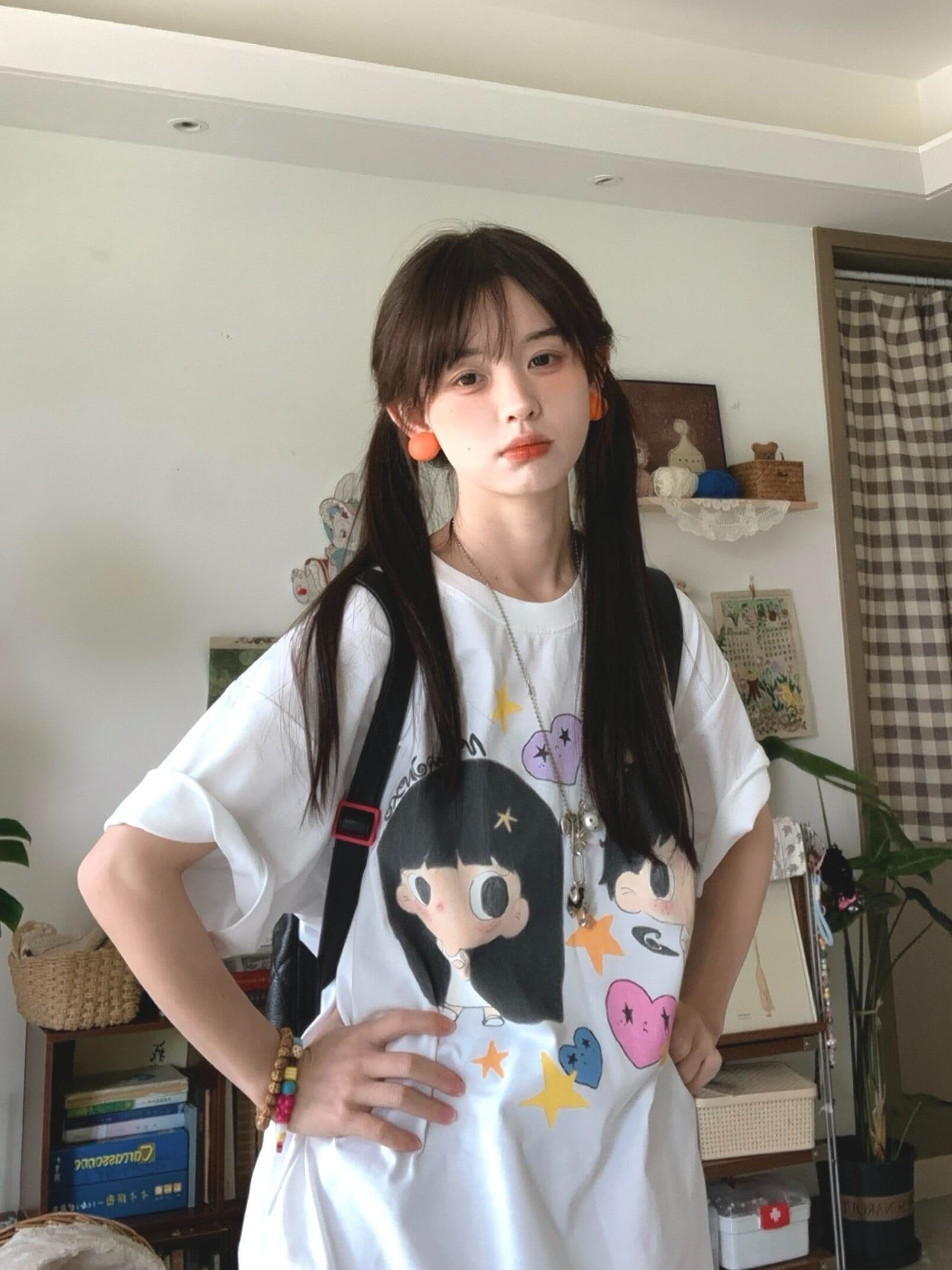 220 그램 빗질하다 순면 이후 패키지 칼라 아메리칸 레트로 루즈핏 라운드 넥 반팔 티셔츠 여성 여름 프린트 맨위 트렌디 상세 이미지 6