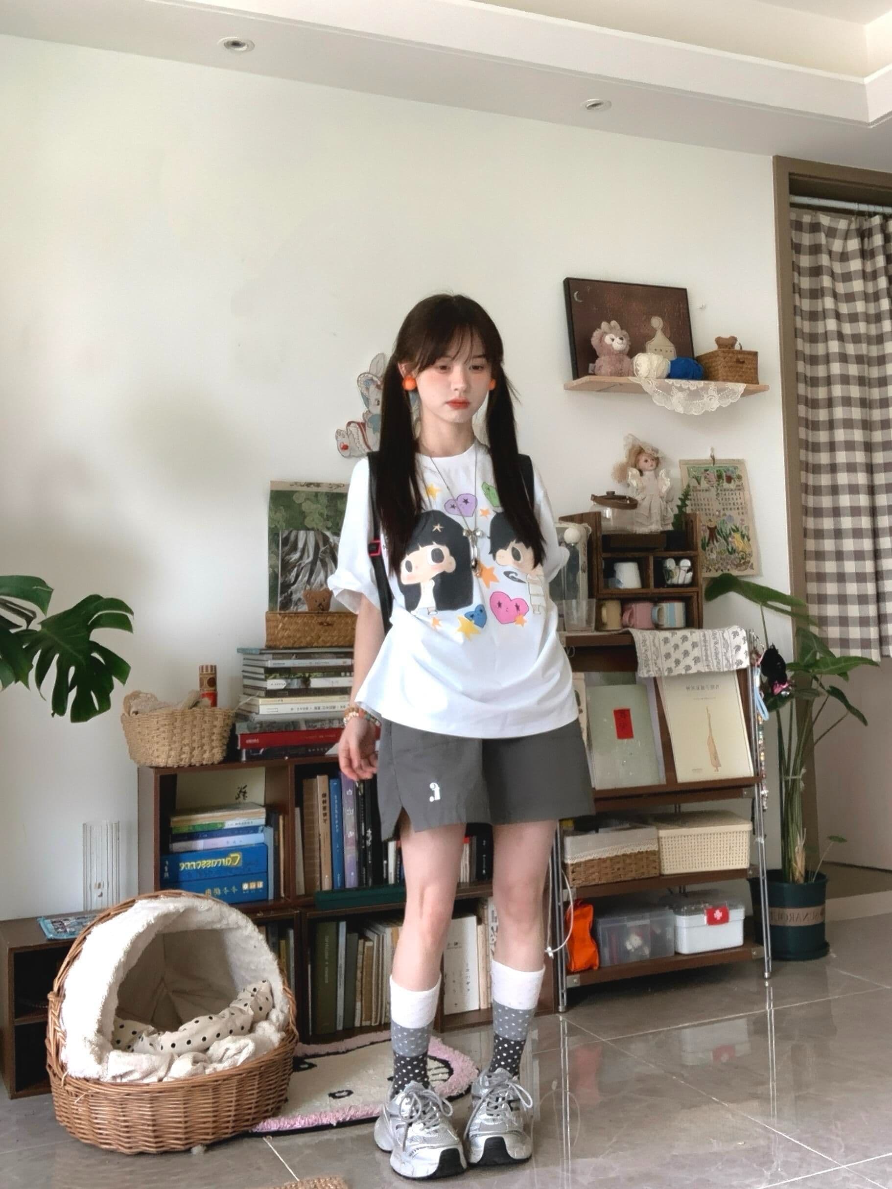 220 그램 빗질하다 순면 이후 패키지 칼라 아메리칸 레트로 루즈핏 라운드 넥 반팔 티셔츠 여성 여름 프린트 맨위 트렌디 상세 이미지 9