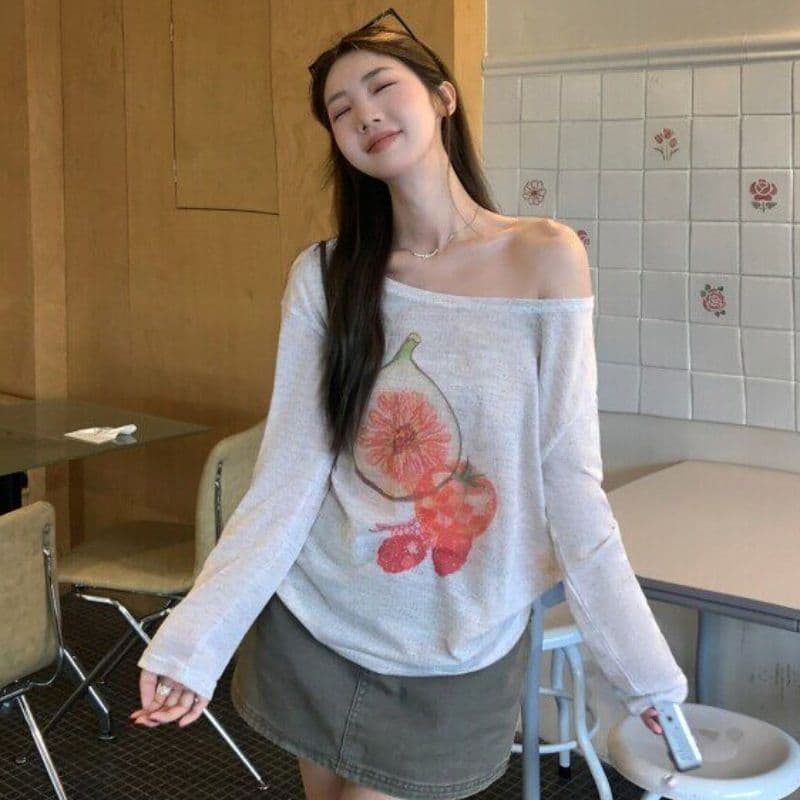 원본 무지개 마 새로운 여름 Fig 프린트 비스듬한 어깨 긴팔 티셔츠 루즈핏 느긋한 블라우스