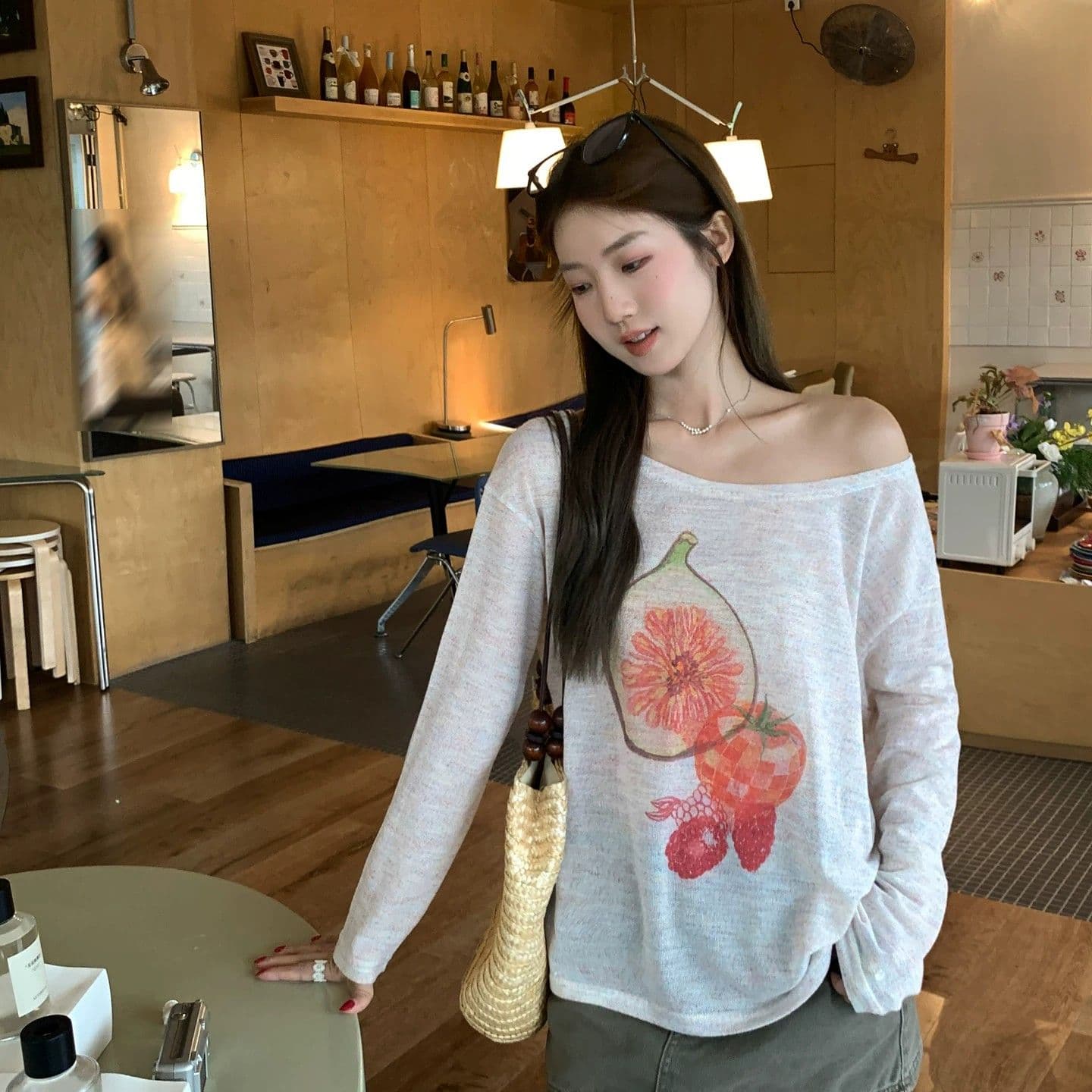 원본 무지개 마 새로운 여름 Fig 프린트 비스듬한 어깨 긴팔 티셔츠 루즈핏 느긋한 블라우스 이미지 2