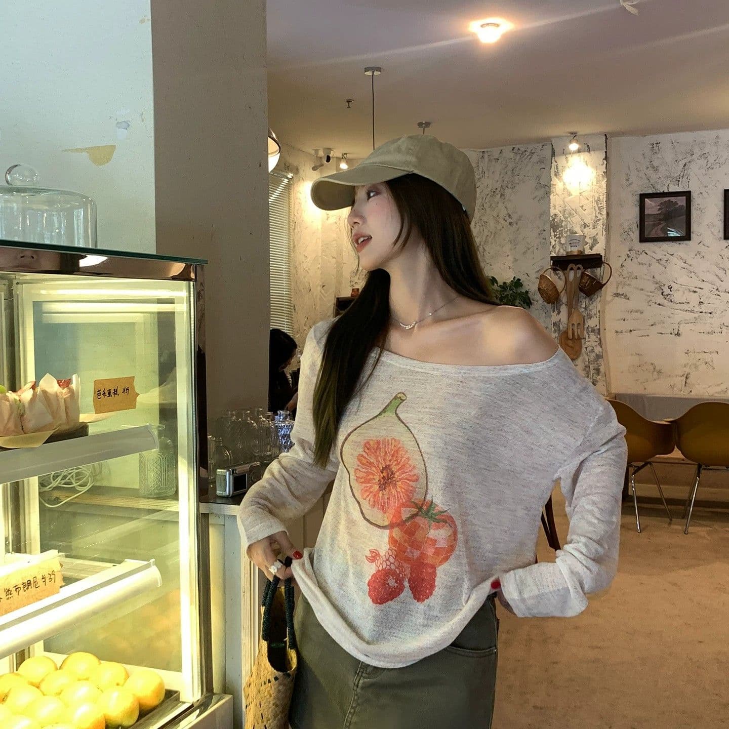 원본 무지개 마 새로운 여름 Fig 프린트 비스듬한 어깨 긴팔 티셔츠 루즈핏 느긋한 블라우스 이미지 3