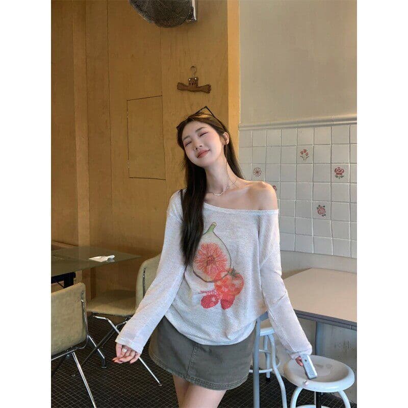 원본 무지개 마 새로운 여름 Fig 프린트 비스듬한 어깨 긴팔 티셔츠 루즈핏 느긋한 블라우스 상세 이미지 2